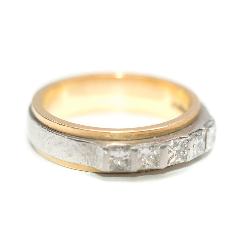 Bespoke Yellow Gold & Platinum Five Diamond Ring

18k yellow gold with hammered platinum overlay
Five square bright white diamonds at center

Size US9/R
Diamond Width: 2mm
Ring weighs 11.75g

Please note, these items are pre-owned and may show signs
