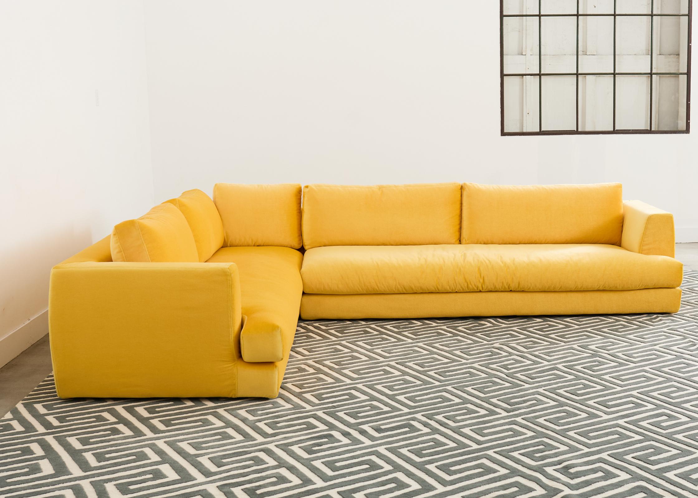 Modern Bespoke Yellow Mohair Velvet Upholstered Sectional Sofa For Sale