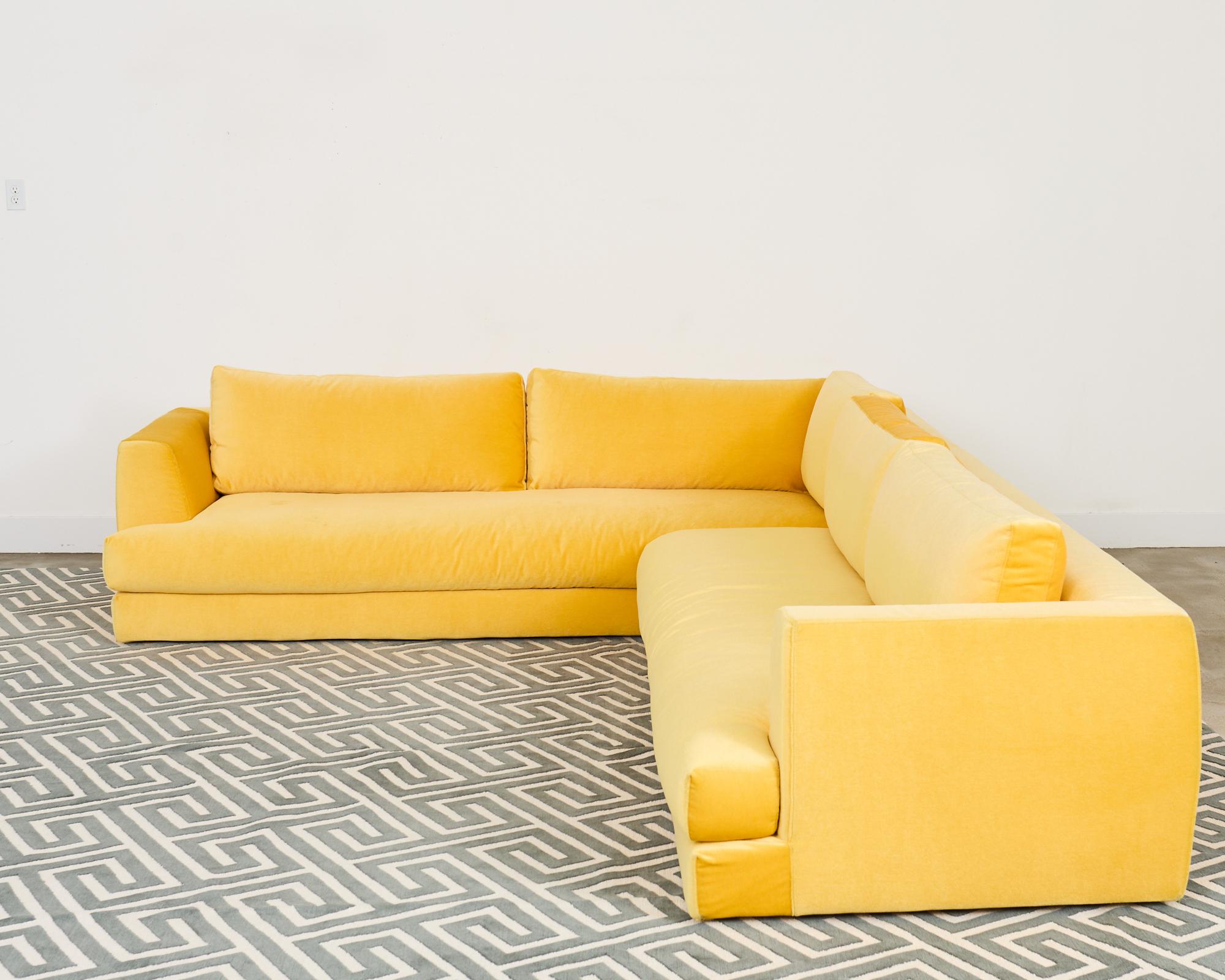 American Bespoke Yellow Mohair Velvet Upholstered Sectional Sofa For Sale