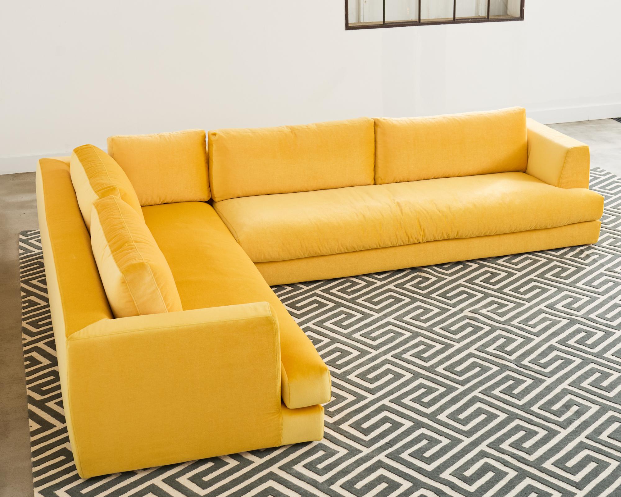 Hand-Crafted Bespoke Yellow Mohair Velvet Upholstered Sectional Sofa For Sale