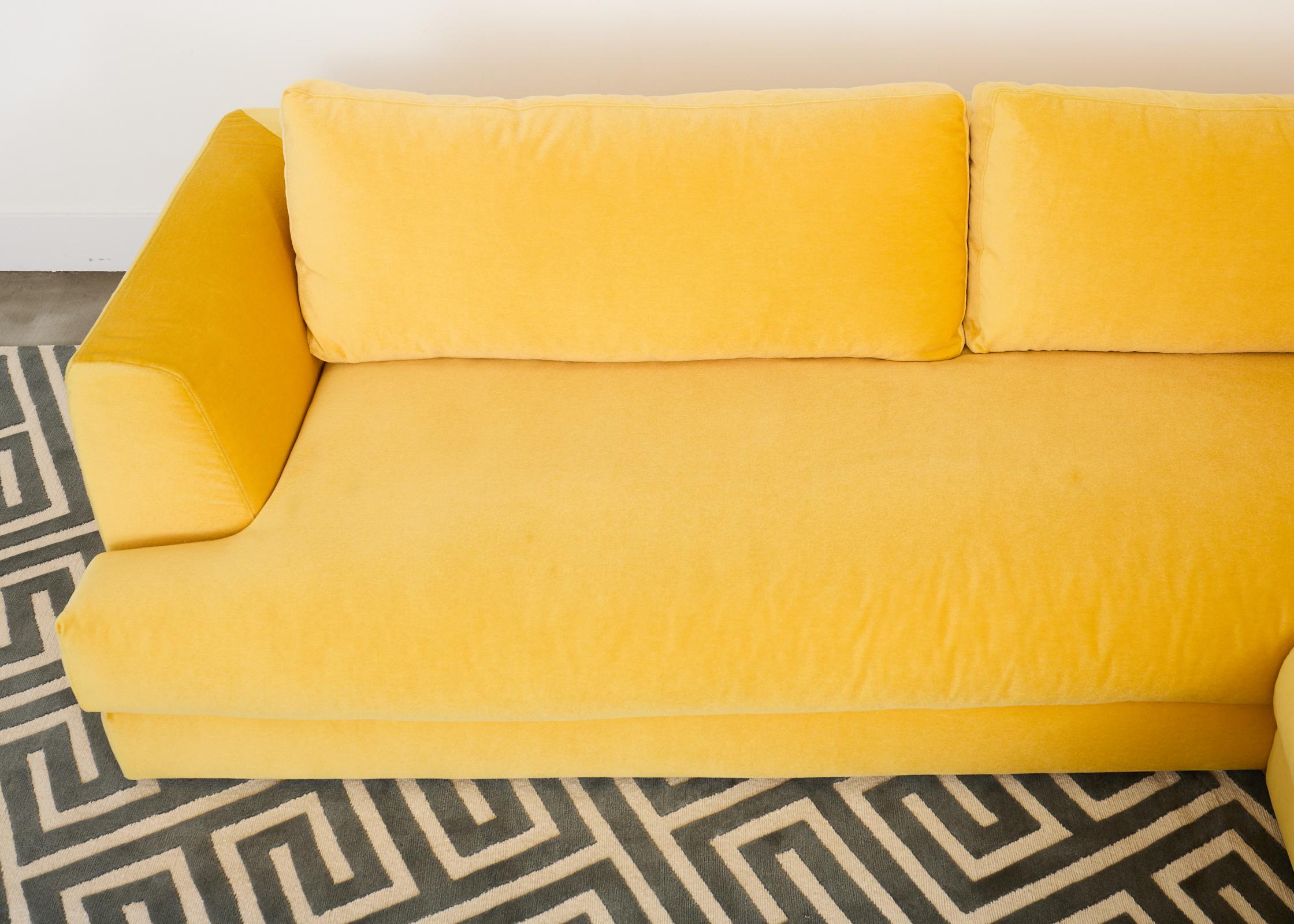 Fabric Bespoke Yellow Mohair Velvet Upholstered Sectional Sofa For Sale