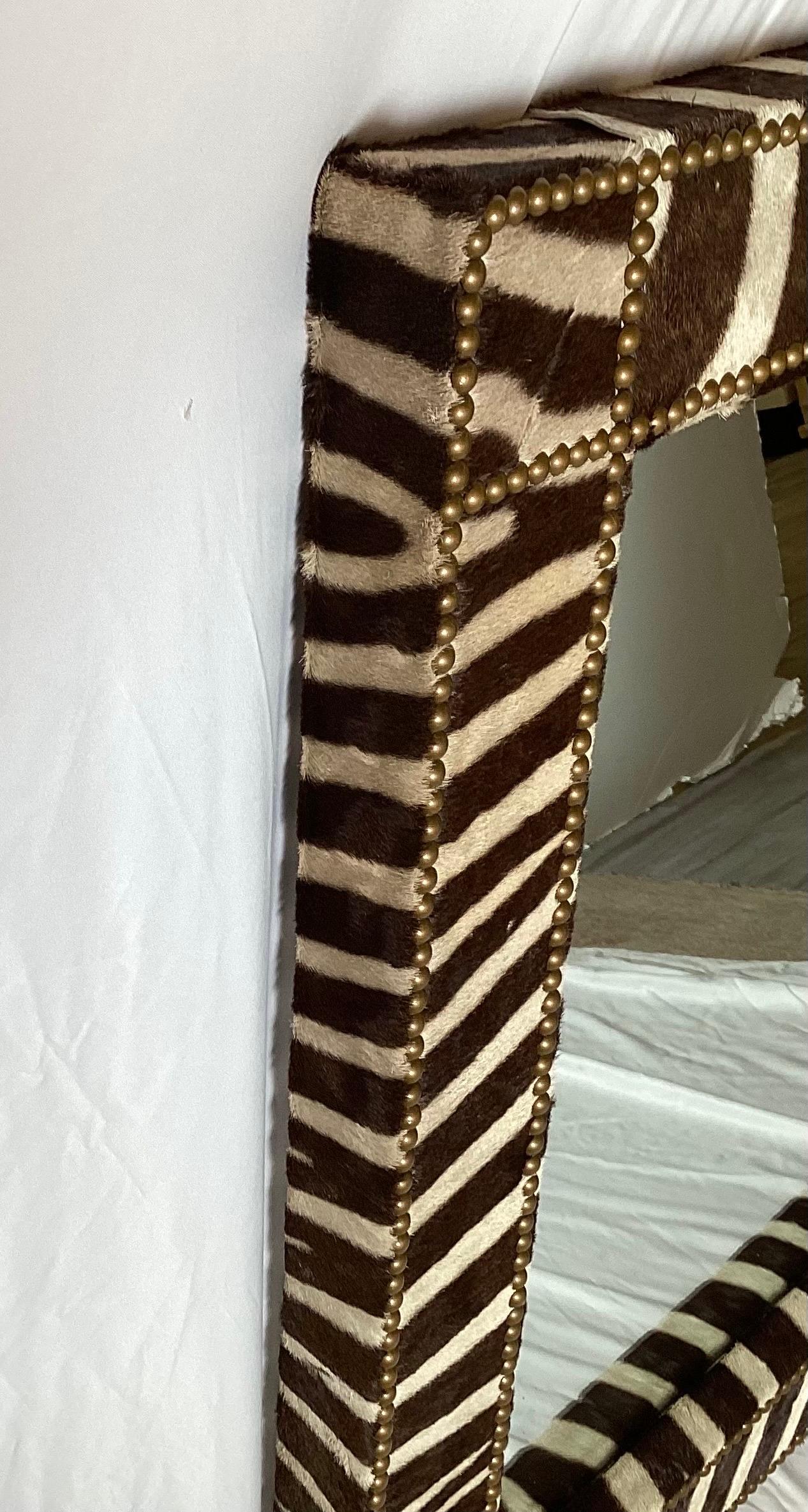 20th Century Bespoke Zebra Skin with Nailhead Trim Framed Mirror For Sale