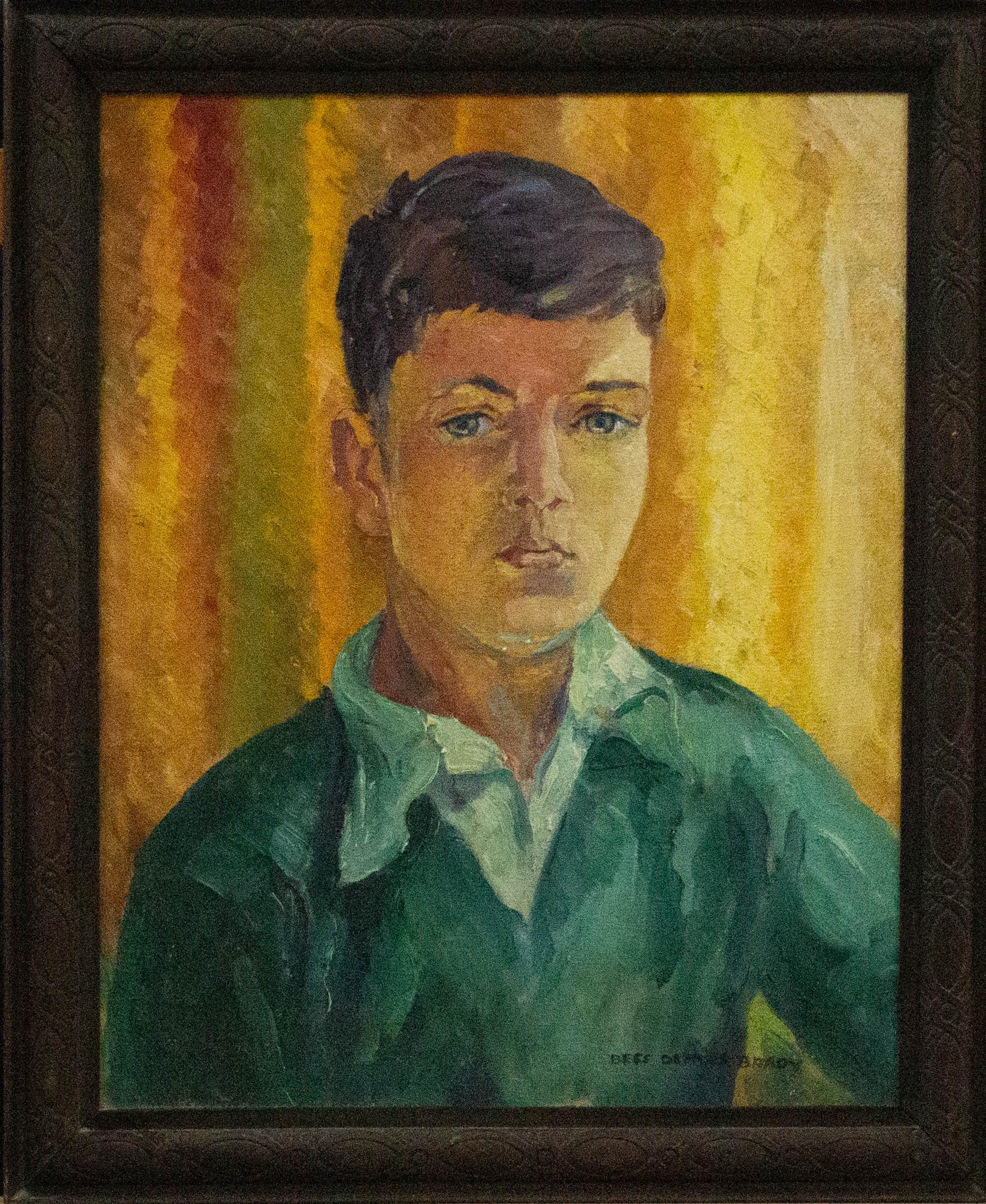 A highly accomplished and colourful portrait of a boy. The fluidity of the background and the sitter's collar contrast with his fixed gaze, all painted with quick and energetic brushstrokes. Presented in an ornate wooden frame. Signed to the