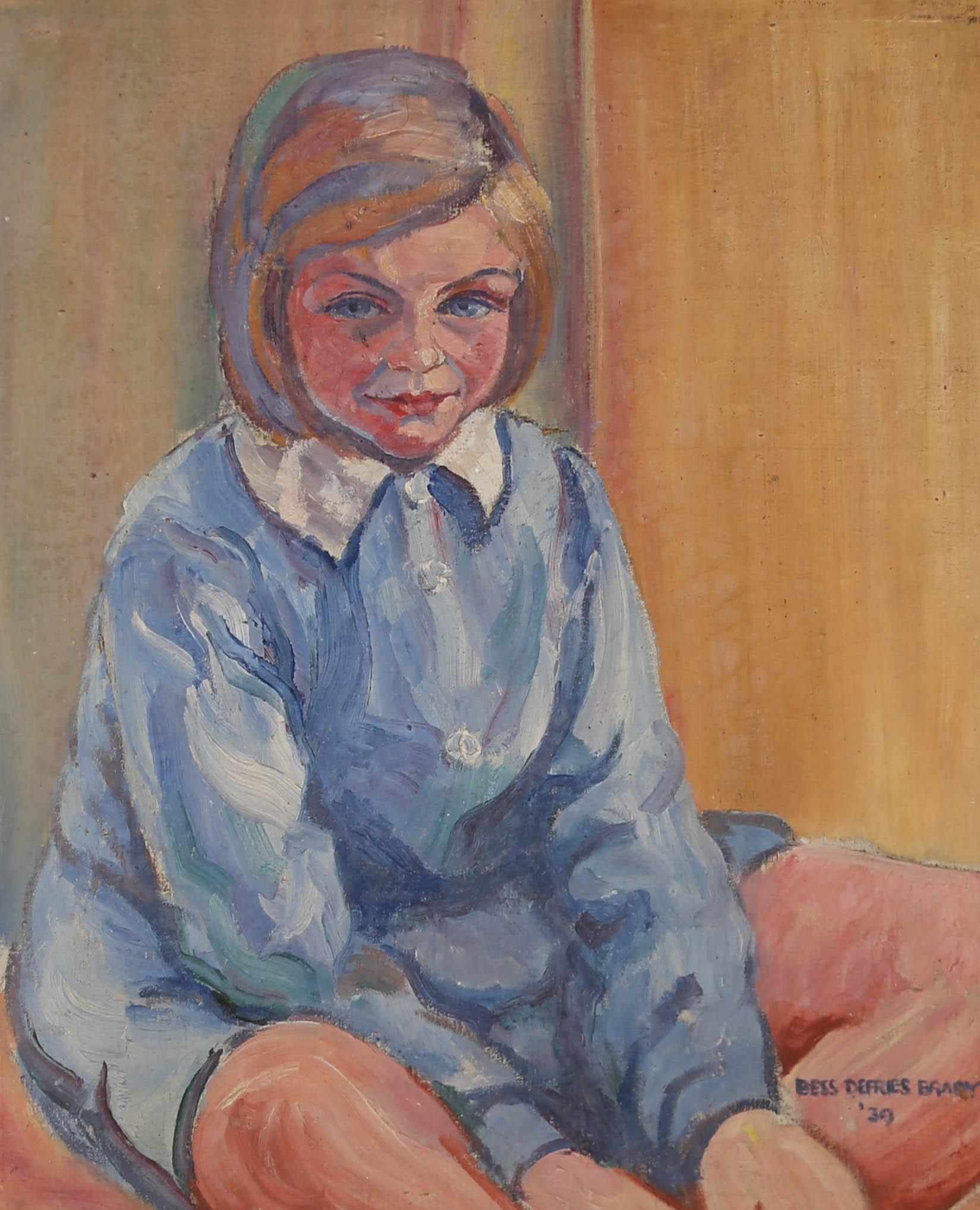 A fine portrait of a young girl dressed in a pretty blue dress by Bess Defries-Brady. The portrait is completed in bright, warm tones with areas of expressive impasto brushwork. Well presented in a simple wood mid-century frame. Signed and dated. On