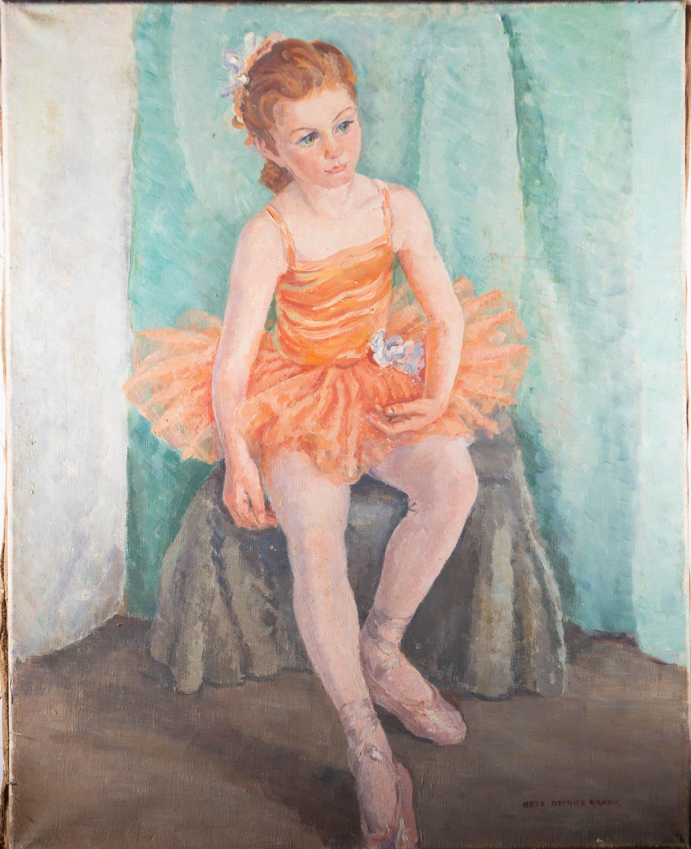 A captivating oil painting by the artist Bess Defries-Brady, depicting a seated young ballerina in an orange tutu. Signed to the lower right-hand corner. There is label on the revere inscribed with the artist's name. On canvas on stretchers.
