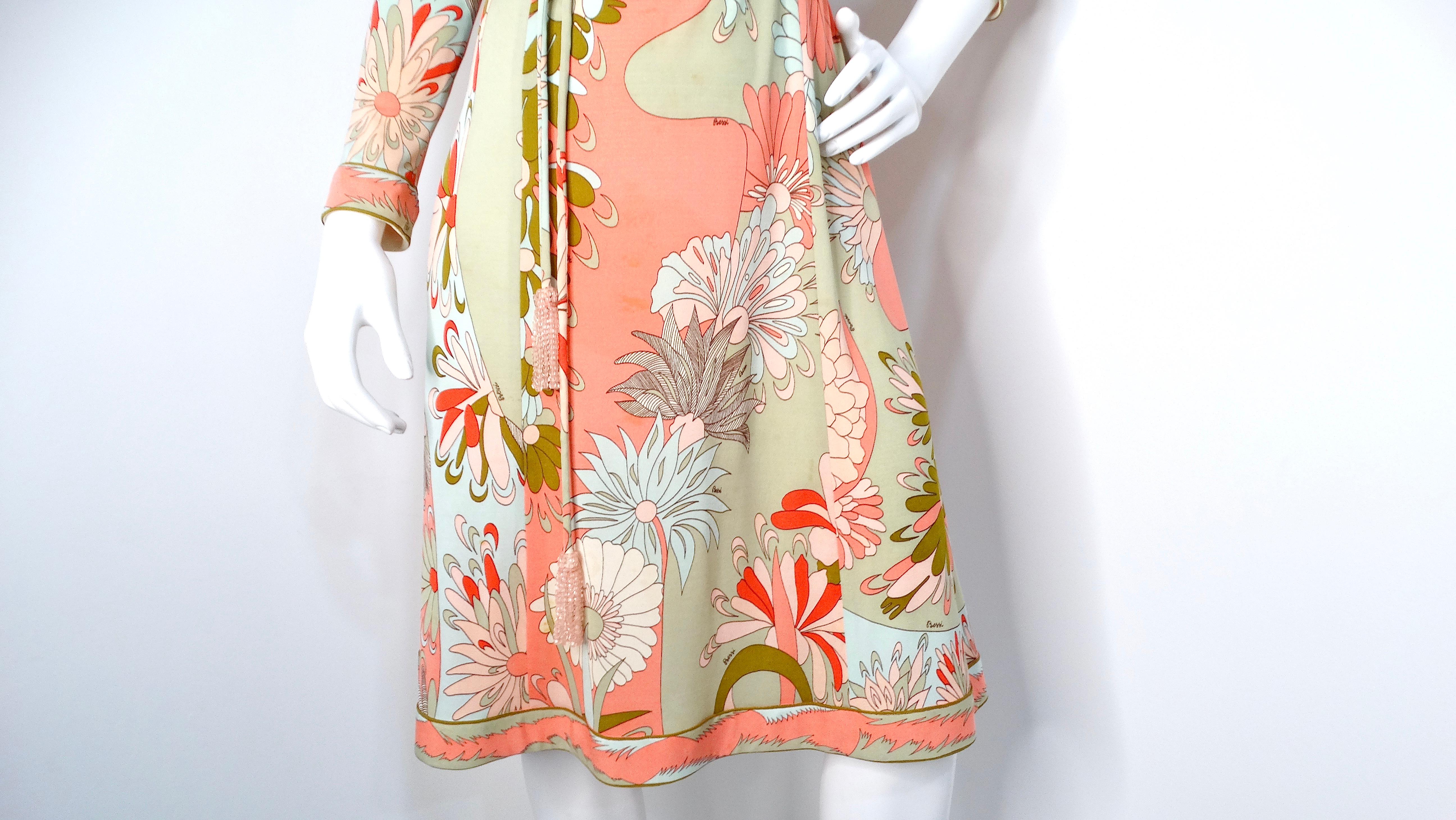 Beige Bessi 1960s Multi-Color Groovy Floral Print Midi Dress With Belt For Sale