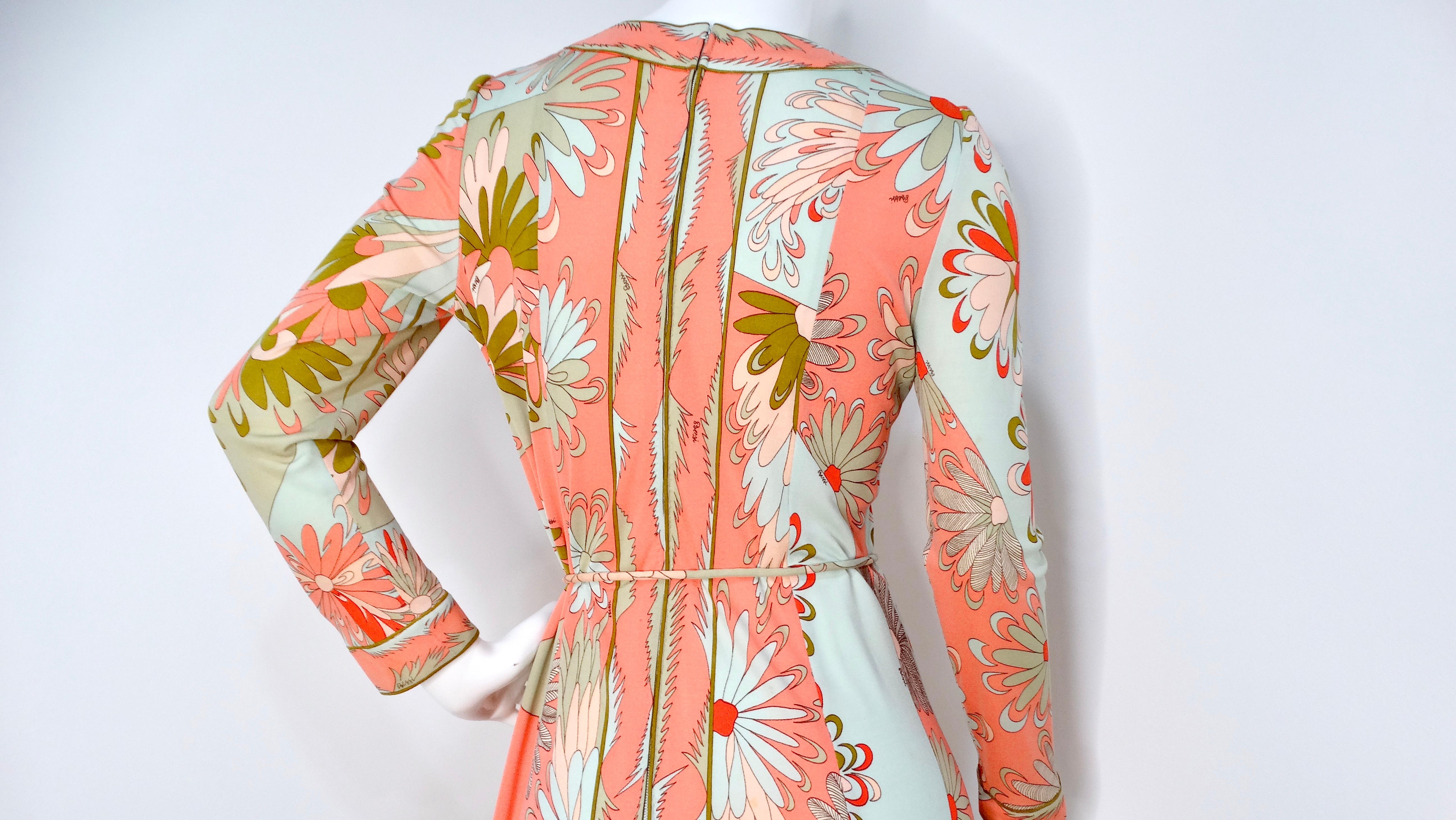 Bessi 1960s Multi-Color Groovy Floral Print Midi Dress With Belt For Sale 3