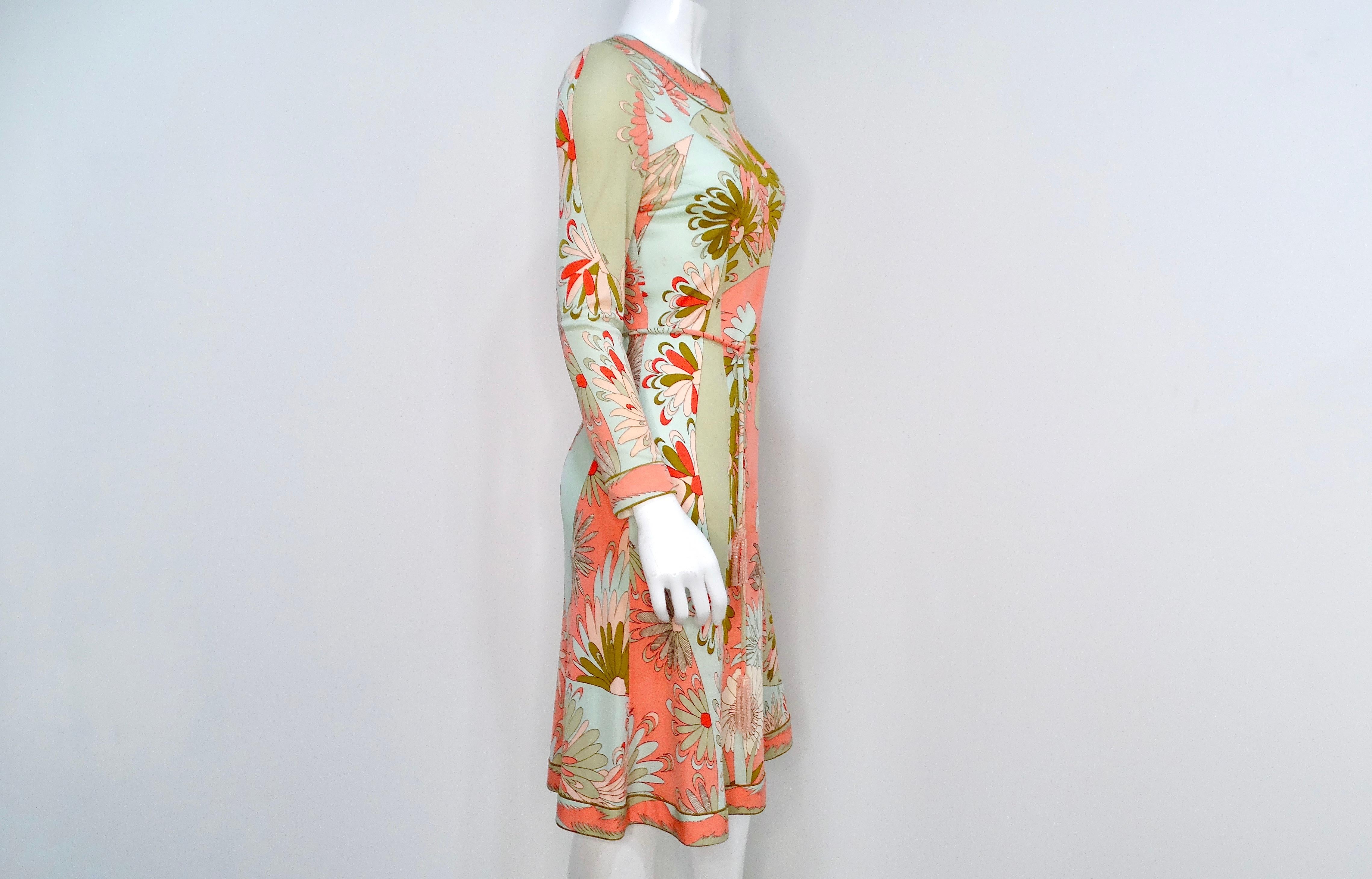 Bessi 1960s Multi-Color Groovy Floral Print Midi Dress With Belt For Sale 4
