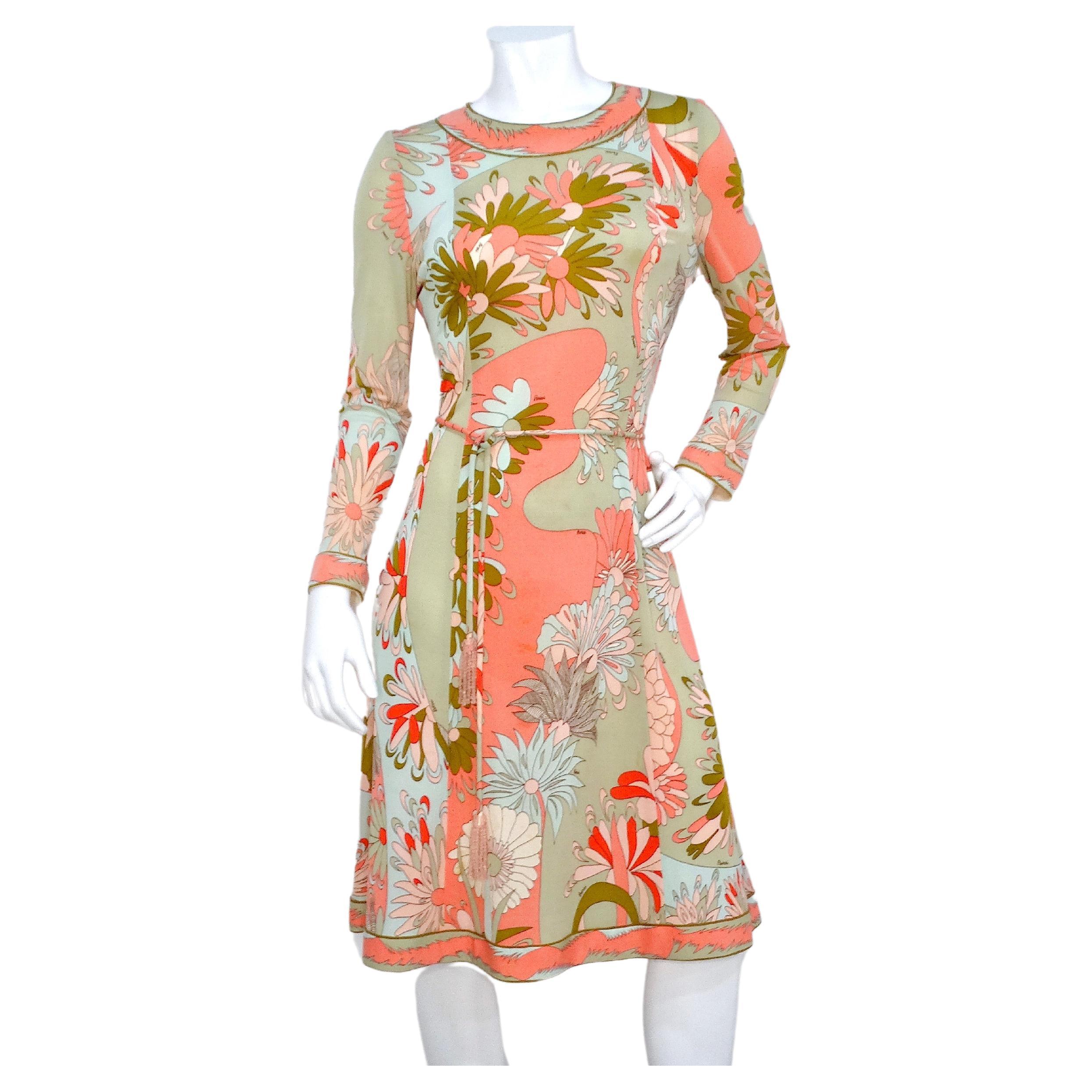 Bessi 1960s Multi-Color Groovy Floral Print Midi Dress With Belt For Sale