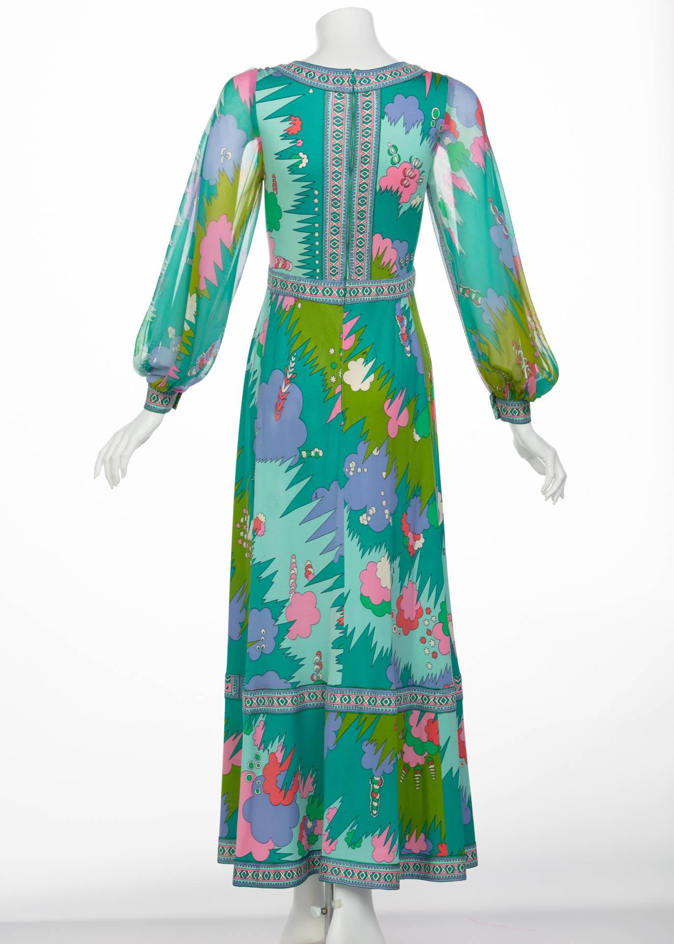 Bessi Multicolored Silk Jersey Chiffon Sleeves Maxi dress, 1970s  In Good Condition For Sale In Boca Raton, FL