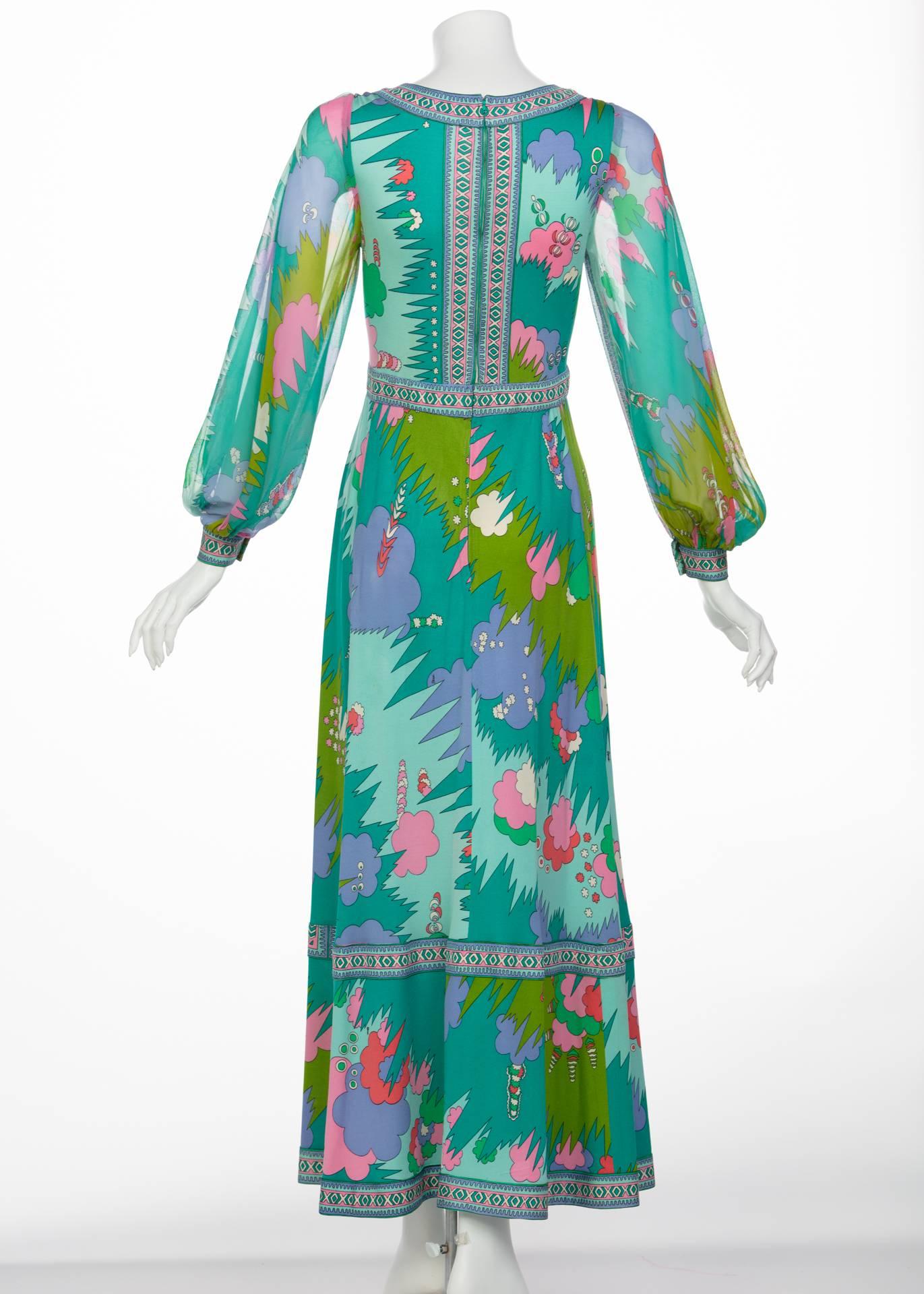 Bessi Multicolored Silk Jersey Chiffon Sleeves Maxi dress, 1970s In Good Condition For Sale In Boca Raton, FL