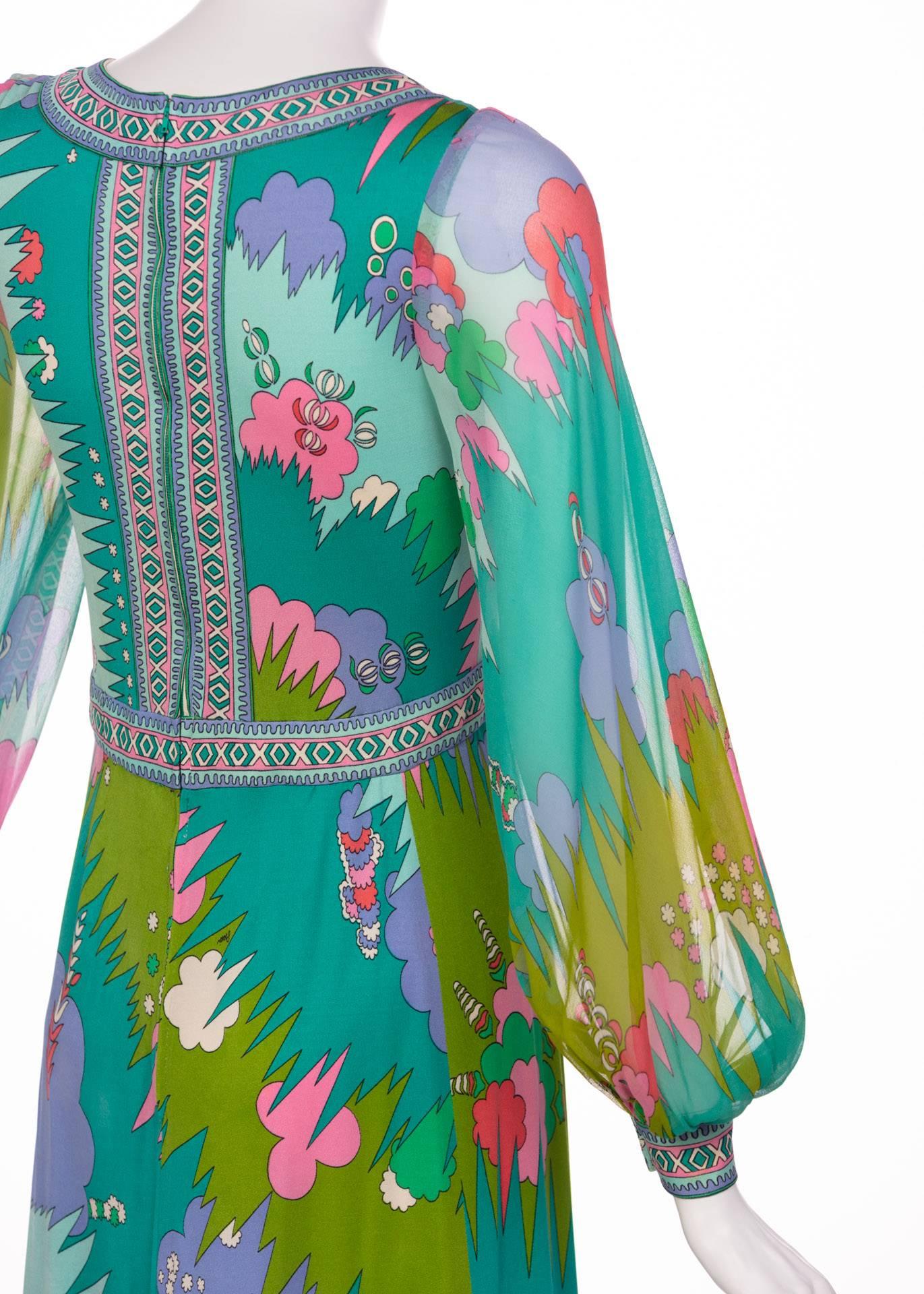 Bessi Multicolored Silk Jersey Chiffon Sleeves Maxi dress, 1970s For Sale 2