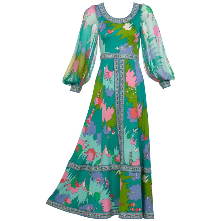 Bessi Multicolored Silk Jersey Chiffon Sleeves Maxi Dress, 1970s