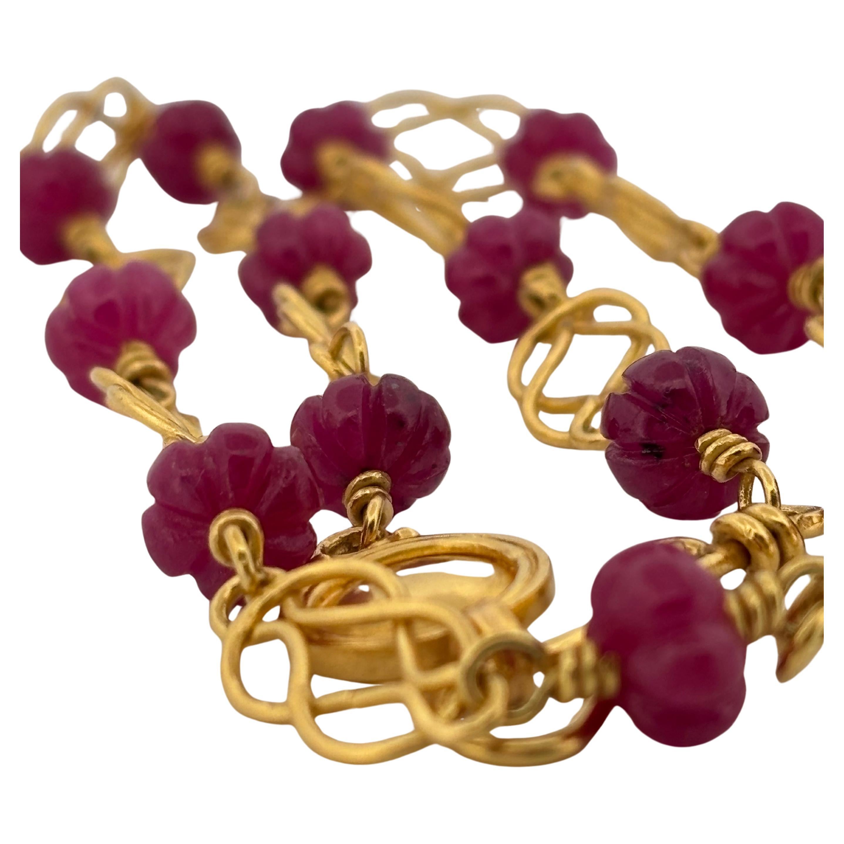 Women's Bessie Jamieson 22K Yellow Gold Multi Carved Ruby Fine Necklace 16 Inch For Sale