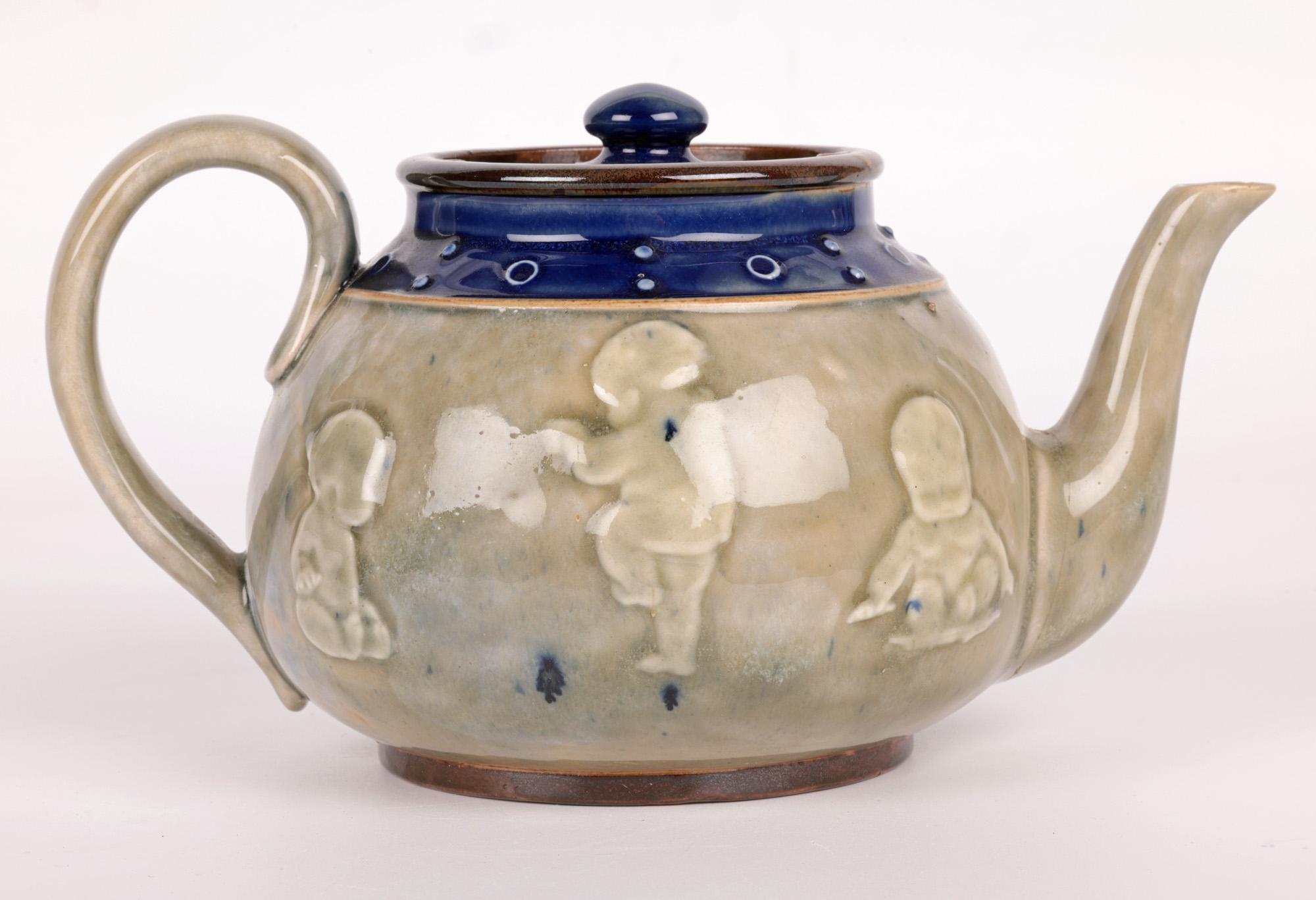 Glazed Bessie Newbery Doulton Lambeth Stoneware Babies Teapot For Sale