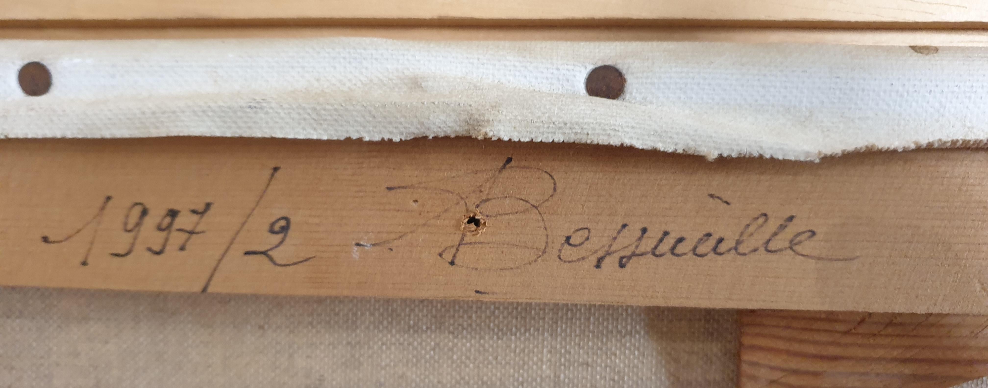 Homenaje a Cézanne de finales del siglo XX , bodegón con naranjas y manzanas en óleo sobre lienzo del artista francés Bessueille. Firmado y titulado al dorso del lienzo y firmado y fechado en 1997 en el bastidor, que es de buena calidad con