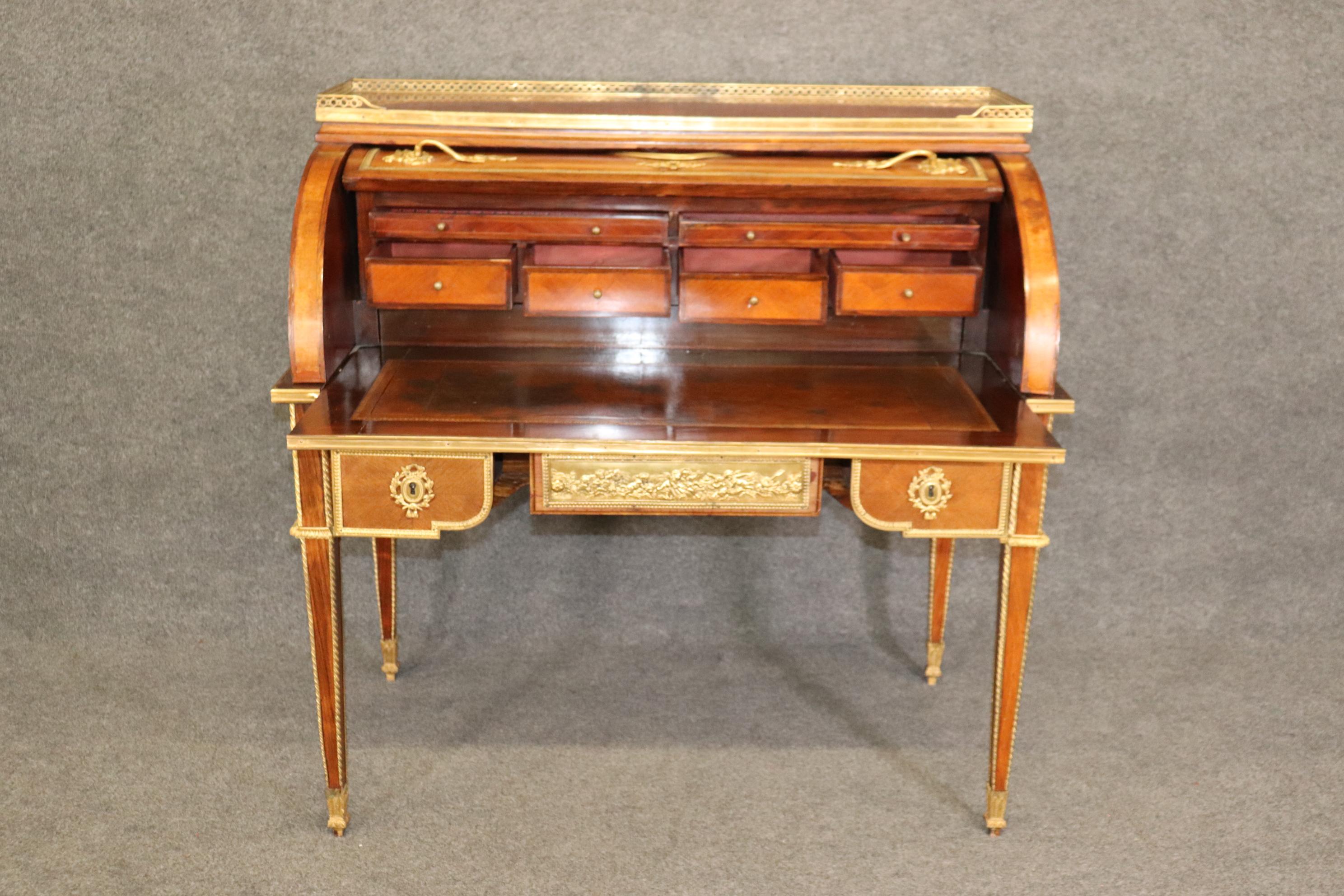 Louis XVI Best Dore' Bronze Mounted Putti Walnut Cylinder Writing Desk with Leather  For Sale