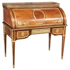 Best Dore' Bronze Mounted Putti Walnut Cylinder Writing Desk with Leather 