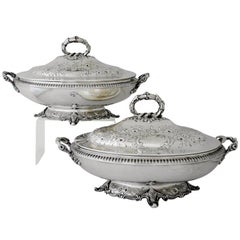 Antique Best Ever Gale Coin Silver Pair of Covered Veg. Dishes, 1852 Superb Engraving