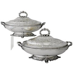 Best Ever Gale Coin Silver Pair of Covered Veg. Dishes, 1852 Superb Engraving