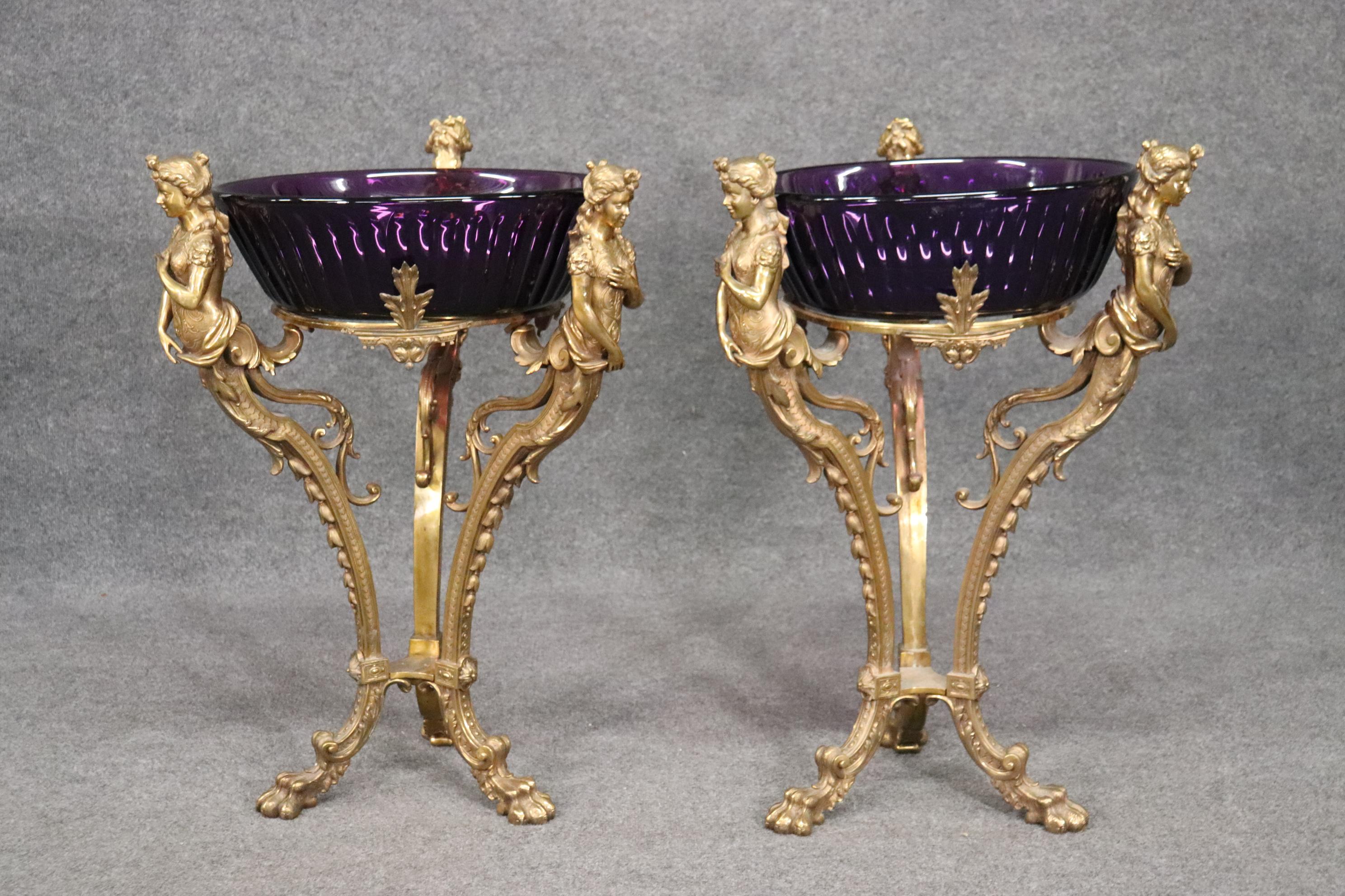 Neoclassical Revival Best Figural Bronze Russian Amethyst Cut Glass Wine Cooler Stands  For Sale