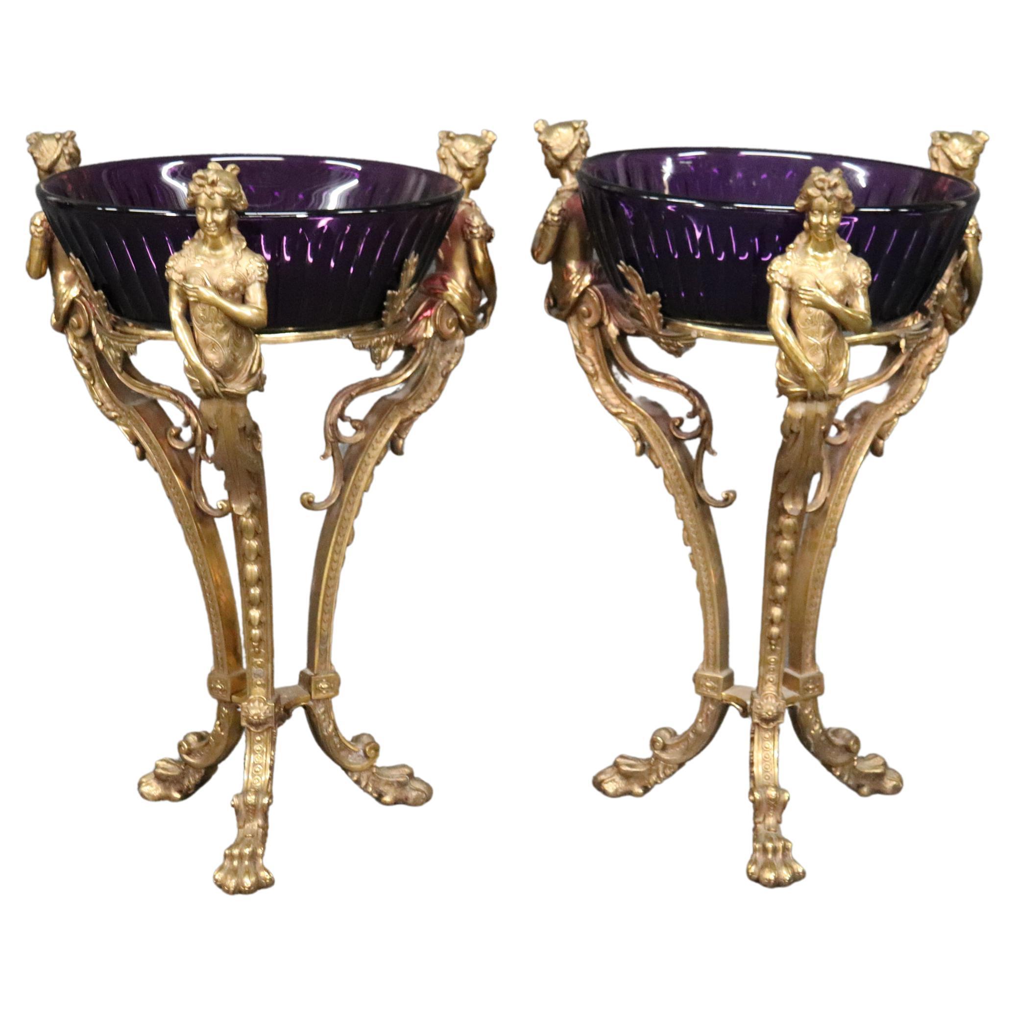 Best Figural Bronze Russian Amethyst Cut Glass Wine Cooler Stands  For Sale
