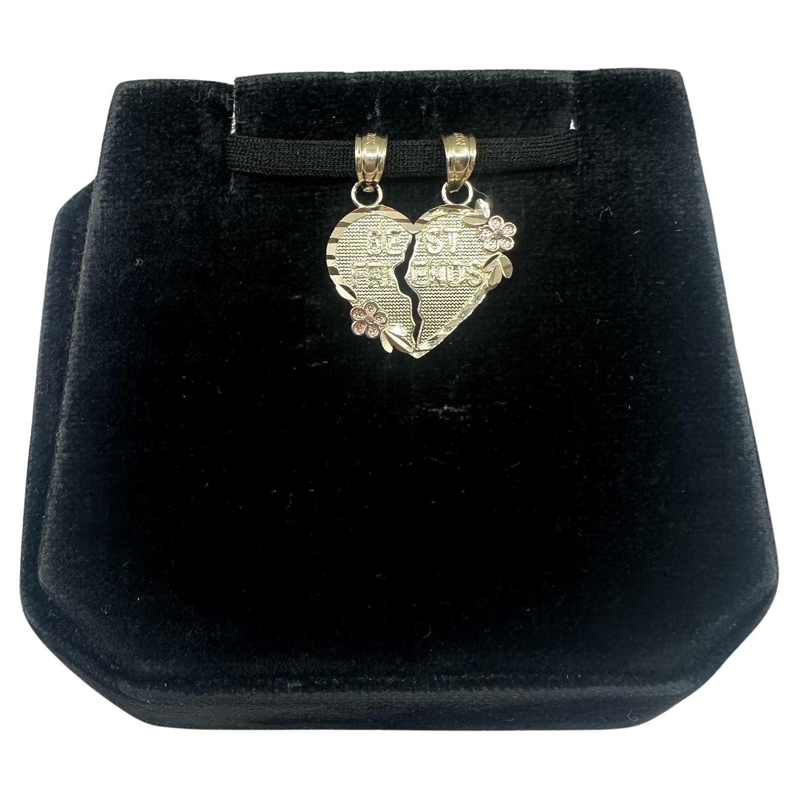 Pendentif coeur Best Friends en or jaune 14kt - Pendentif fendu, accents roses en vente