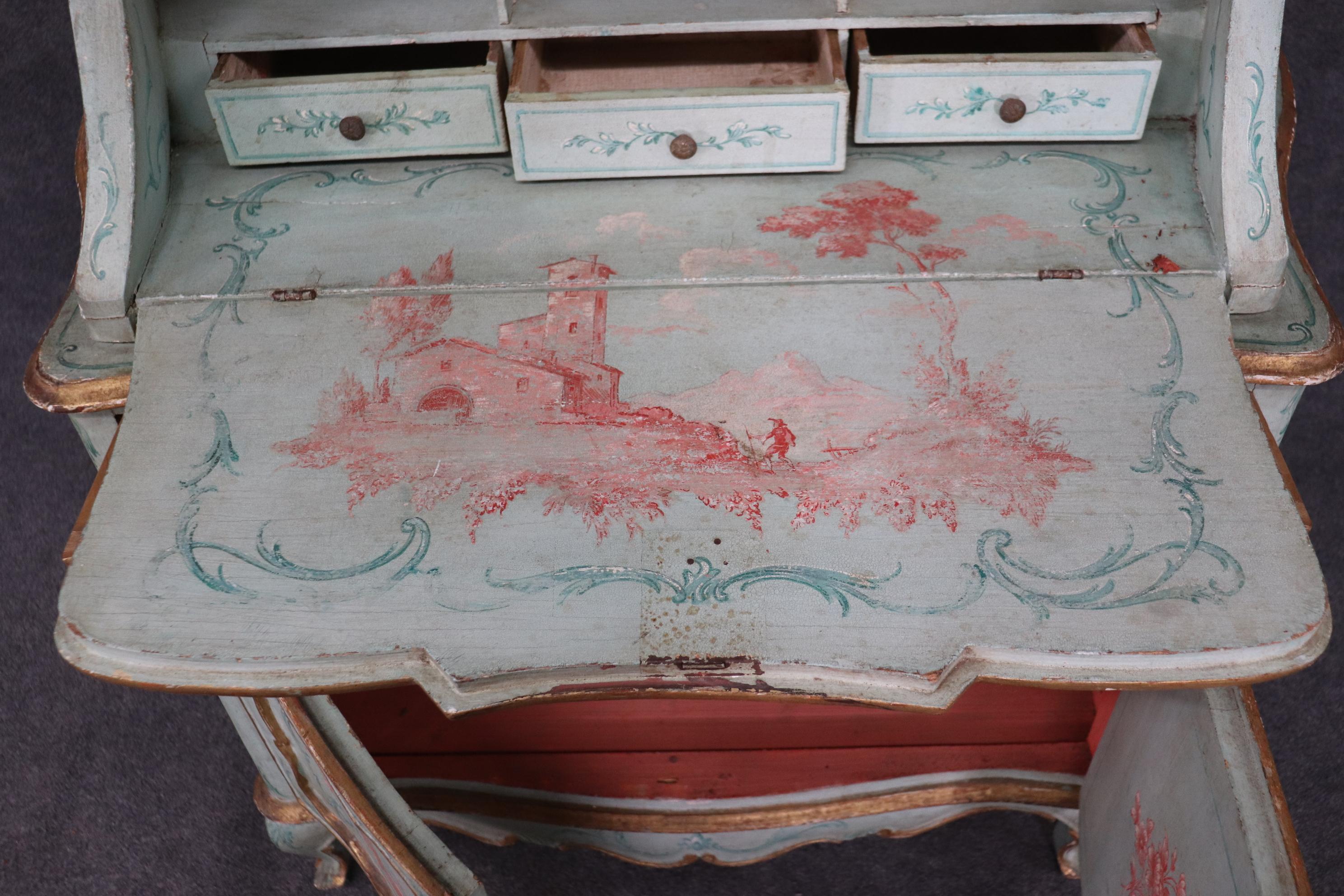 Best Venetian Paint Decorated Antique Rococo Secretary Desk Circa 1890s 3
