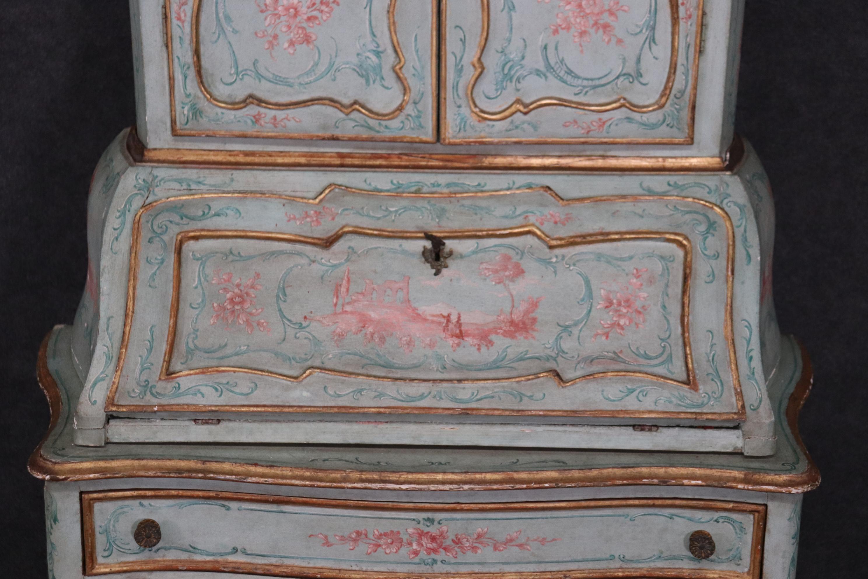 Best Venetian Paint Decorated Antique Rococo Secretary Desk Circa 1890s 9
