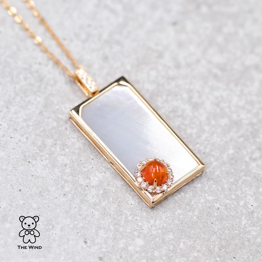 Brilliant Cut Best Wishes - Fire Opal Halo Diamond & Mother of Pearl Necklace 18K Yellow Gold For Sale