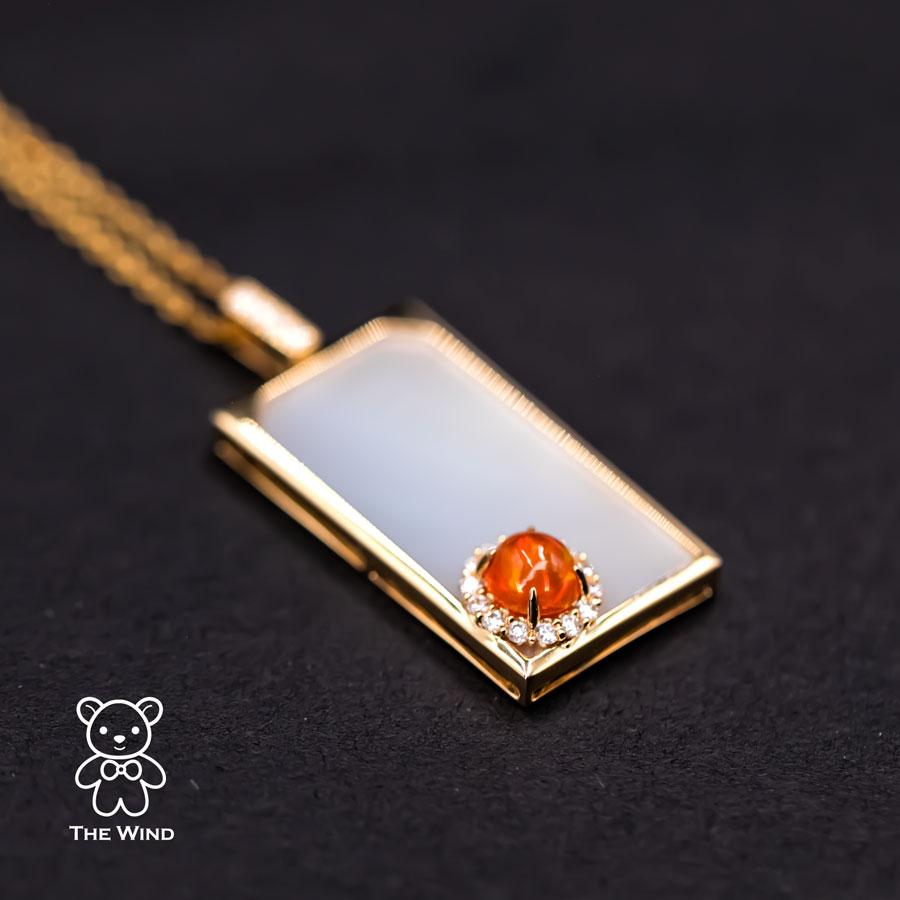 Best Wishes - Fire Opal Halo Diamond & Mother of Pearl Necklace 18K Yellow Gold In New Condition For Sale In Suwanee, GA