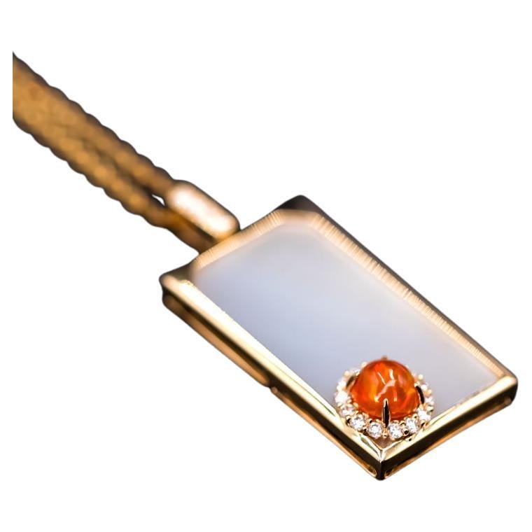 Best Wishes - Fire Opal Halo Diamond & Mother of Pearl Necklace 18K Yellow Gold For Sale