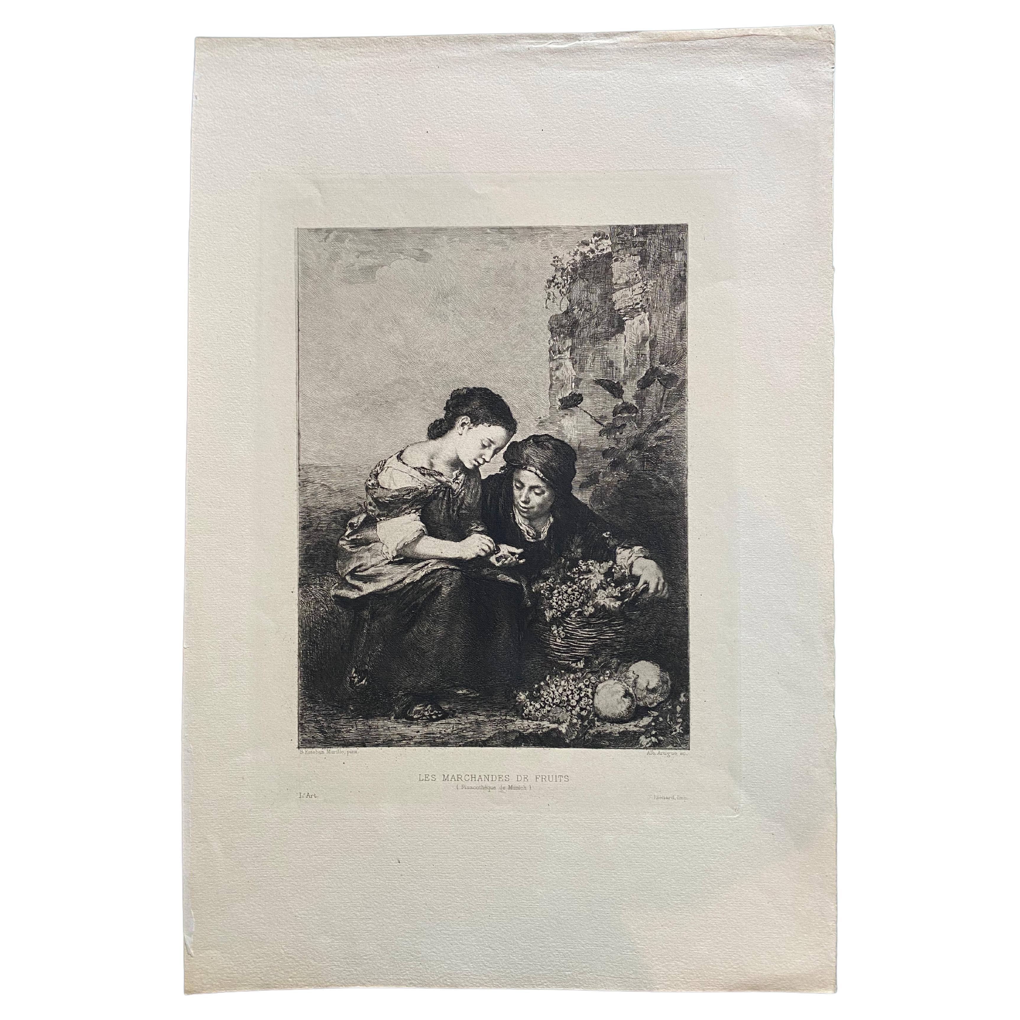 This etching by Albert Artigue after the oil on canvas by Esteban Murillo. Published in the french art magazine « L' Art » ( 1875-1907) in 1880. Engraved in the 19 century by the French artist Albert Artigue. He is known for his engravings,