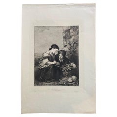 B.Esteban Murillo "Les Marchands De Fruits" Incisione di Albert Artigue XIXe