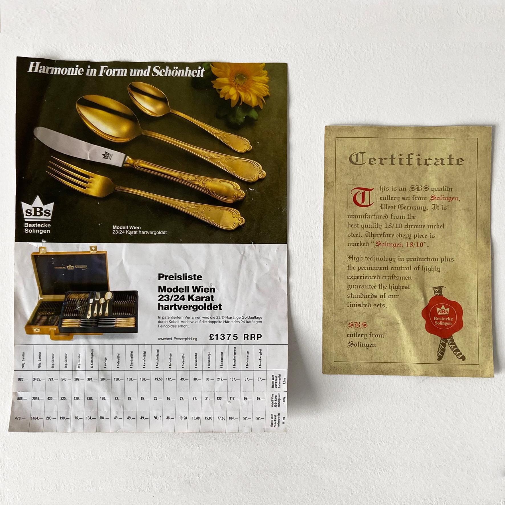 Bestecke Solingen German 23/24 Karat Gold-Plated 70pcs / 12 Person Cutlery Set For Sale 5