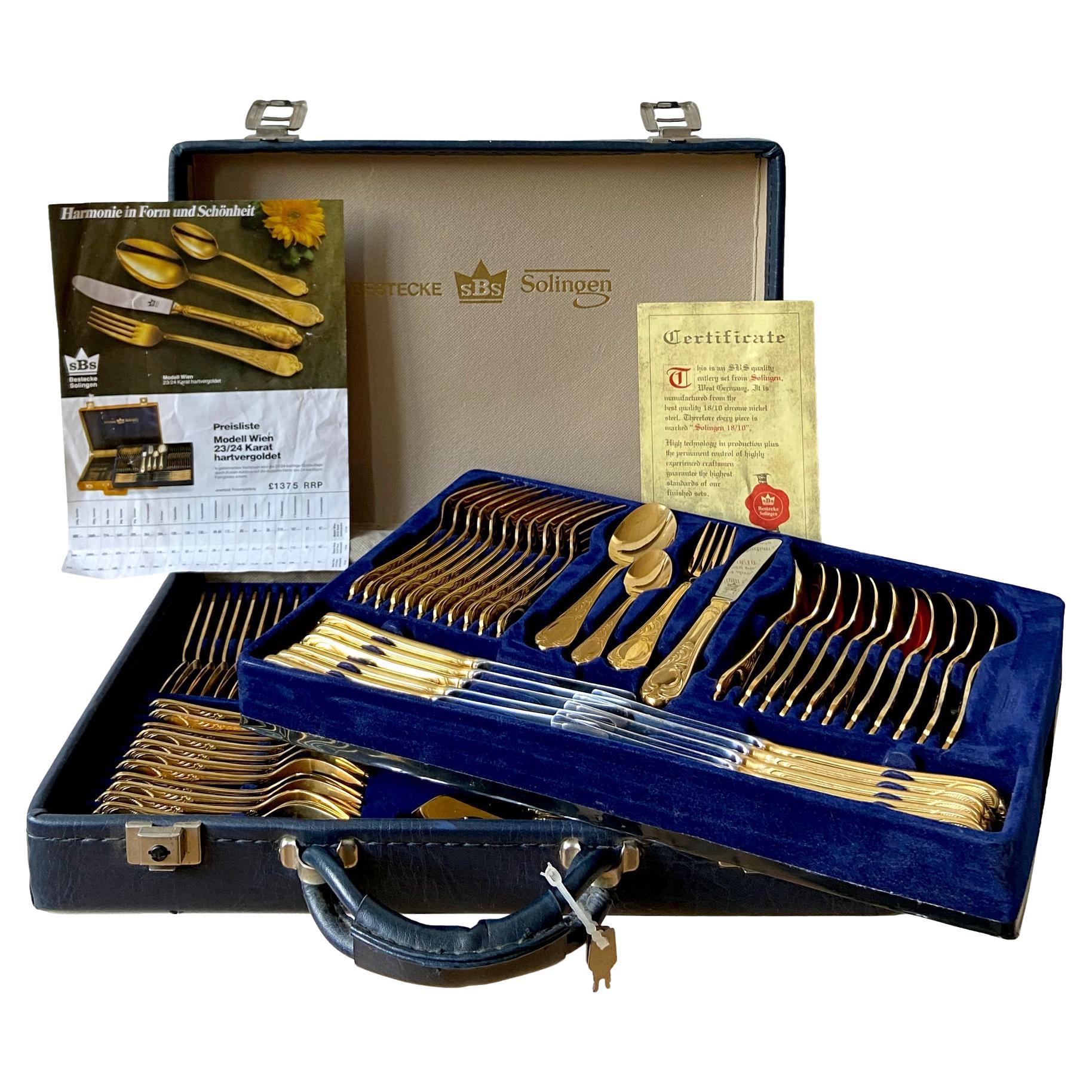 Bestecke Solingen German 23/24 Karat Gold-Plated 70pcs / 12 Person Cutlery Set For Sale