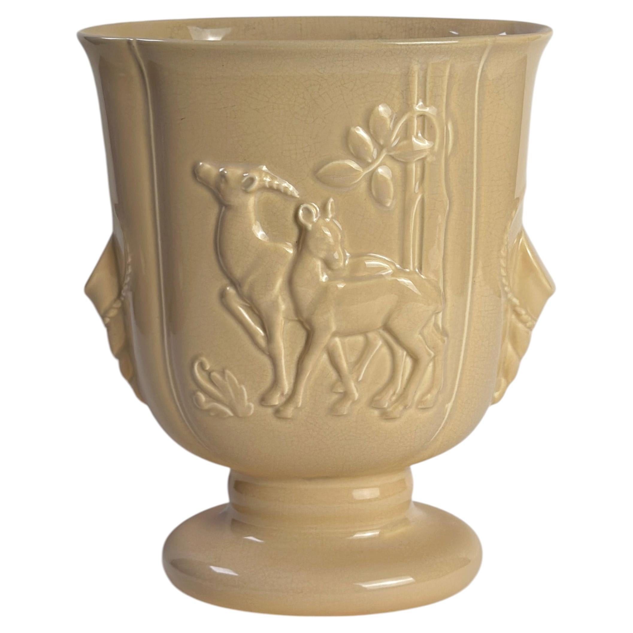 Beswick Art Deco Ceramic Pedestal Vase, Gazelle Relief, England 1930s For Sale