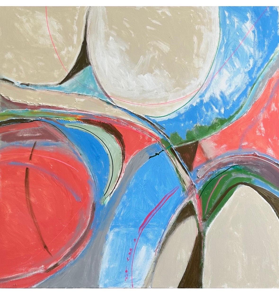 Salmon Run, 2024, acrylique sur toile, 36 po. 36 po., 3600 $, paysage coloré - Abstrait Painting par Beth Barry