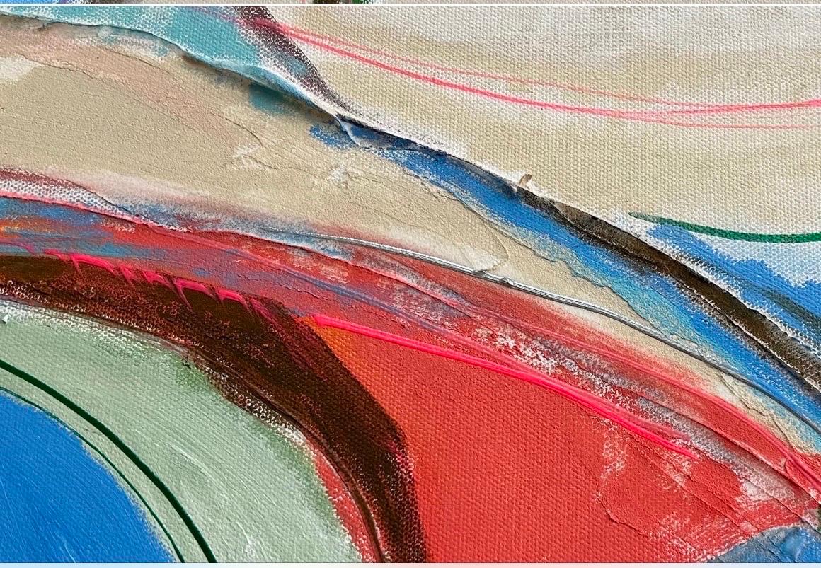 Salmon Run, 2024, acrylique sur toile, 36 po. 36 po., 3600 $, paysage coloré - Gris Abstract Painting par Beth Barry