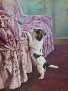 A charming dog painting of a Jack Russell Terrier "Almost" able to reach a ball!