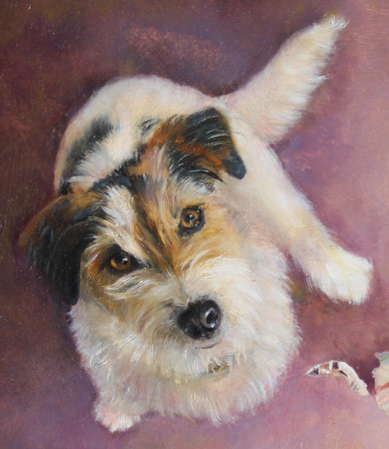 Ein charmantes, erzählerisches Hundegemälde eines Jack Russell Terriers „Caught in the Act“ – Painting von Beth Carlson