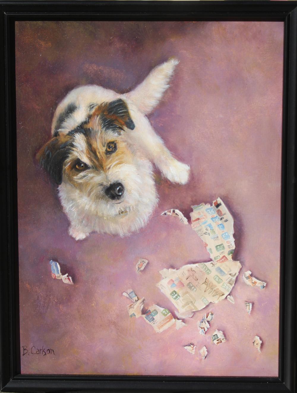 Ein weiteres charmantes erzählerisches Hundebild von Beth Carlson, das einen Jack Russell Terrier mit einem Ausdruck von Unschuld zeigt, nachdem er die Zeitung zerfetzt hat.  Der Jack Russell  wurde auf diesem Hundebild 