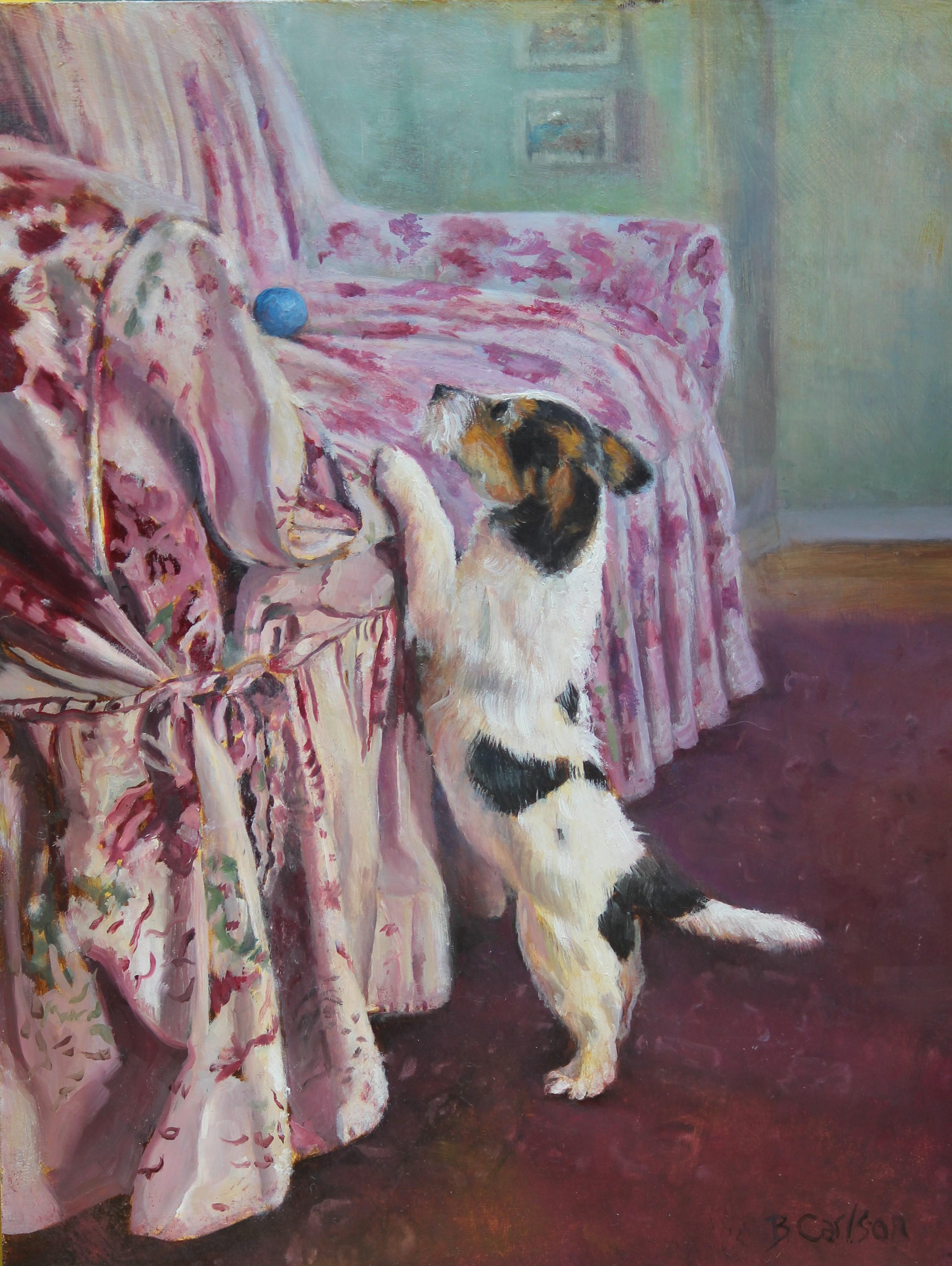 Ein charmantes, erzählerisches Hundegemälde eines Jack Russell Terriers „Caught in the Act“ 1