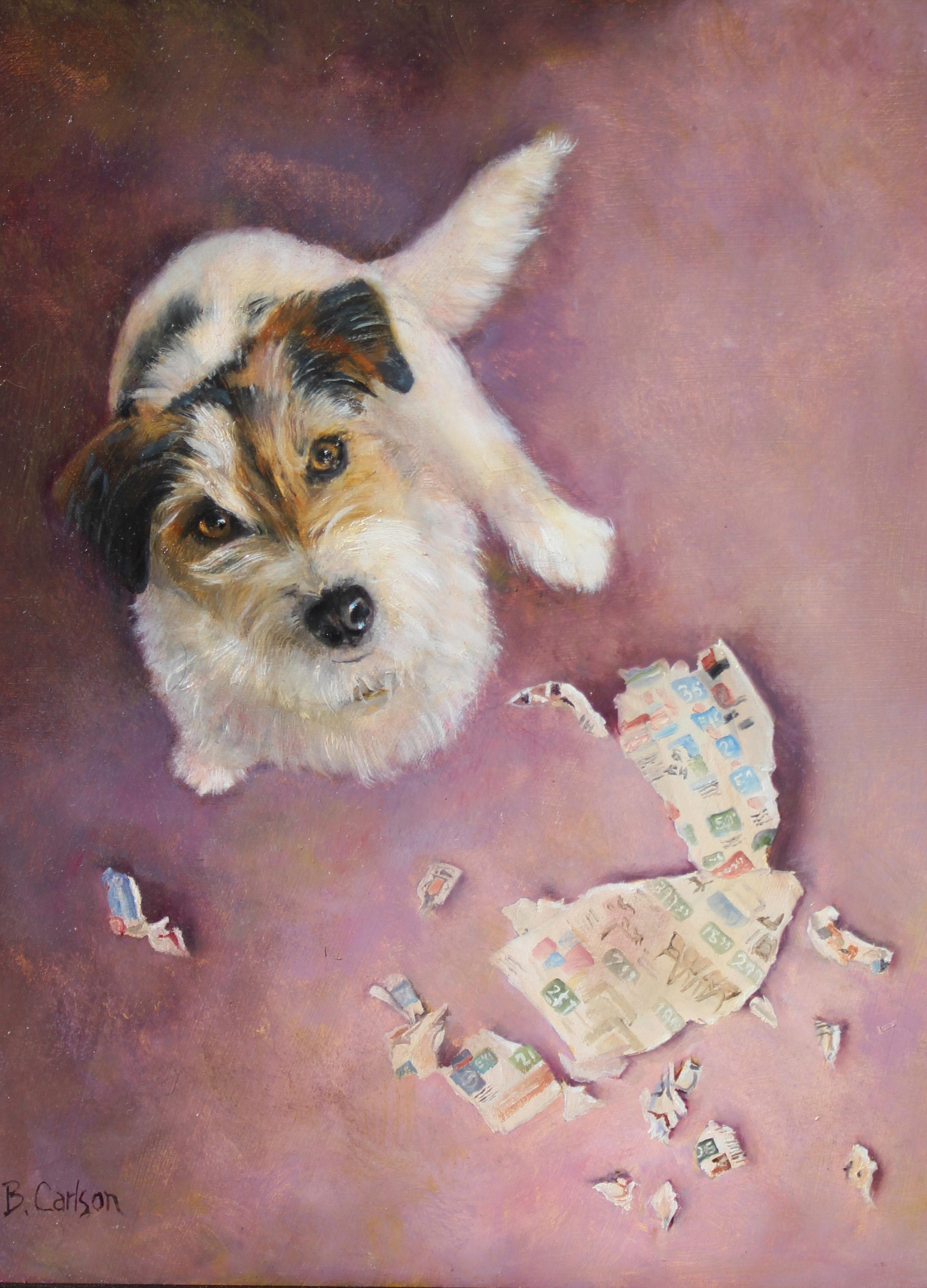 Beth Carlson Animal Painting – Ein charmantes, erzählerisches Hundegemälde eines Jack Russell Terriers „Caught in the Act“