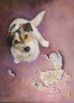 A charming narrative dog painting of a Jack Russell Terrier "Caught in the Act" 