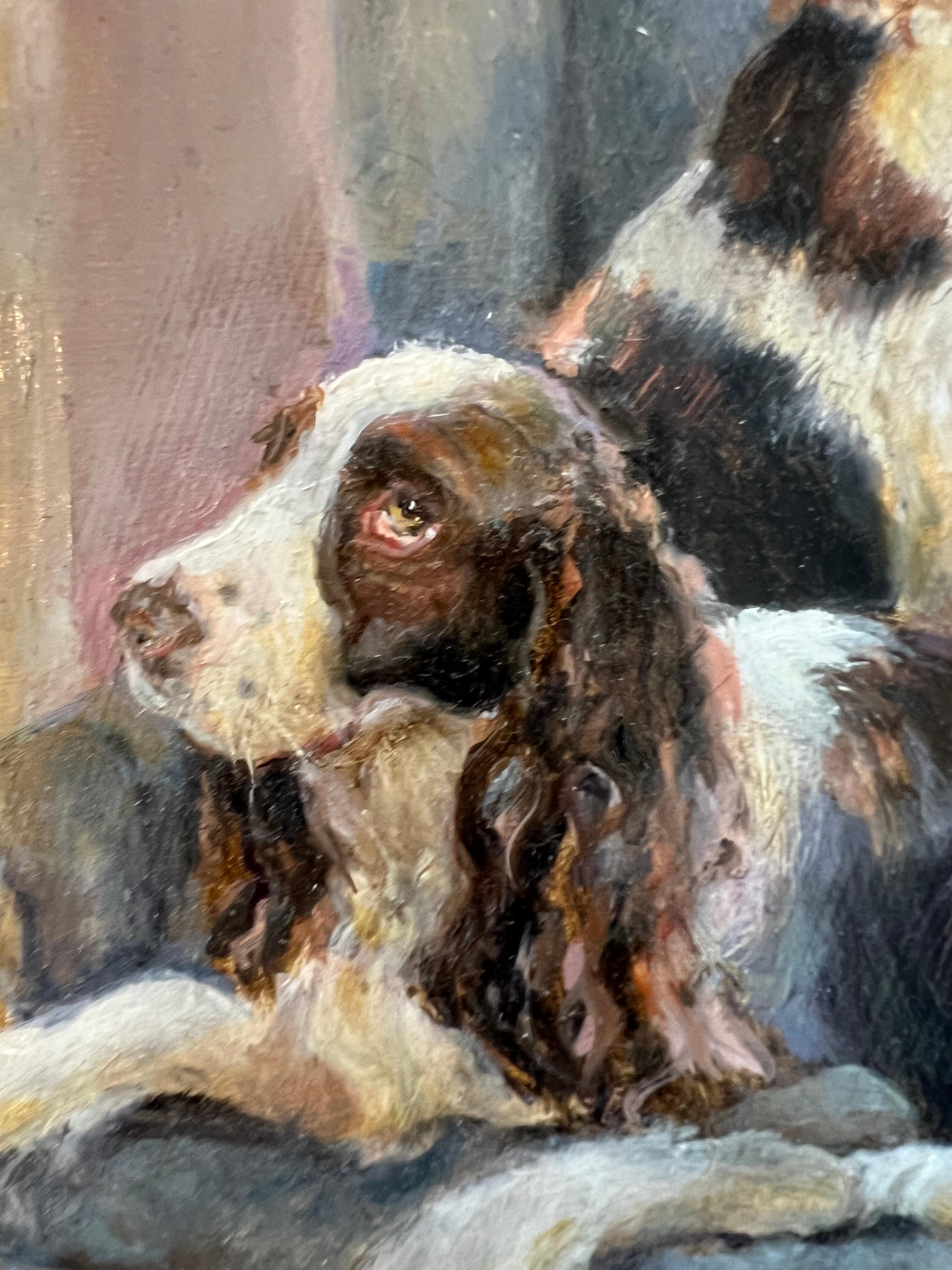 Bezauberndes Hundegemälde, zwei Springer Spaniels in einem Flügelstuhl, ein achtteilig – Painting von Beth Carlson