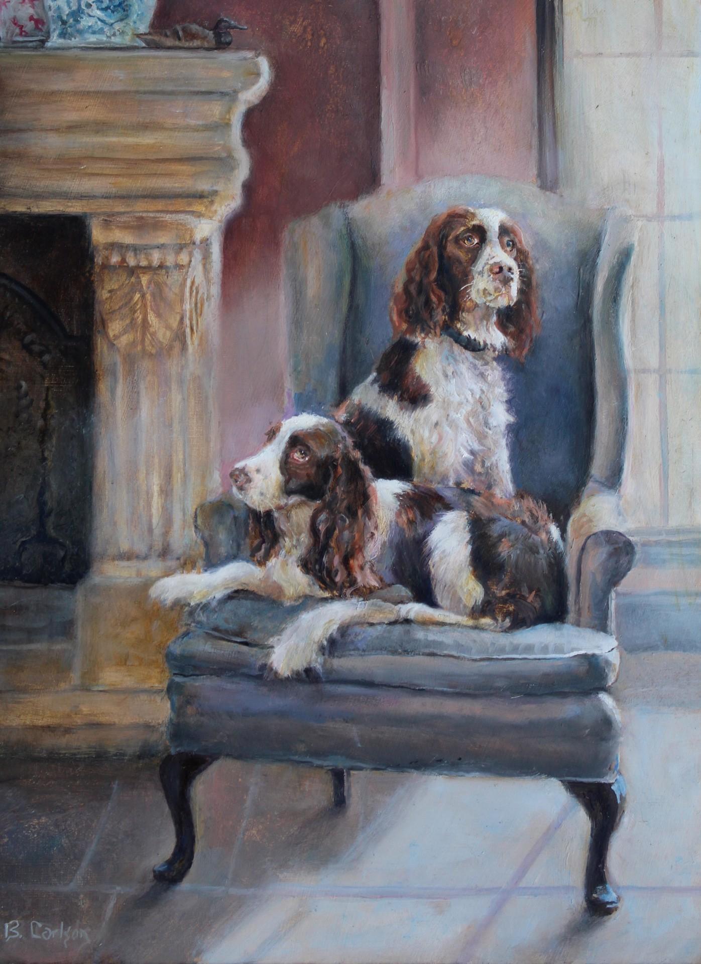 Beth Carlson Animal Painting - Charming Dog Painting, Two Springer Spaniels Sitting in a Wing Chair a Tight Fit