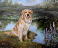 Dog Painting of a Beautifully Feathered Golden Retriever a in Country Landscape