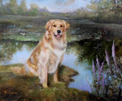 Pintura canina de un Golden Retriever bellamente emplumado en un paisaje campestre