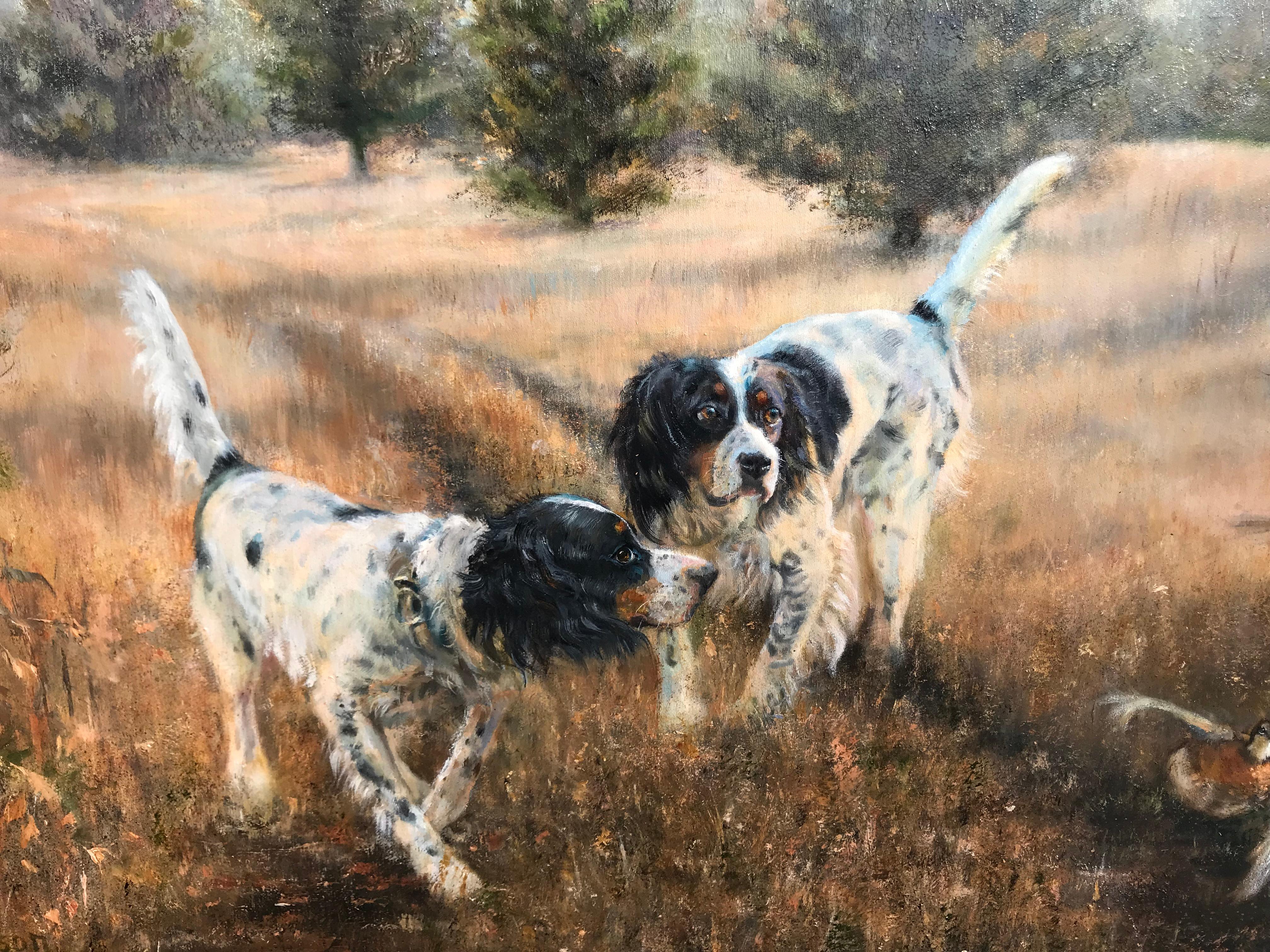 Dynamic sporting outdoor landscape of Setters flushing Quail,  framed - Realist Painting by Beth Carlson